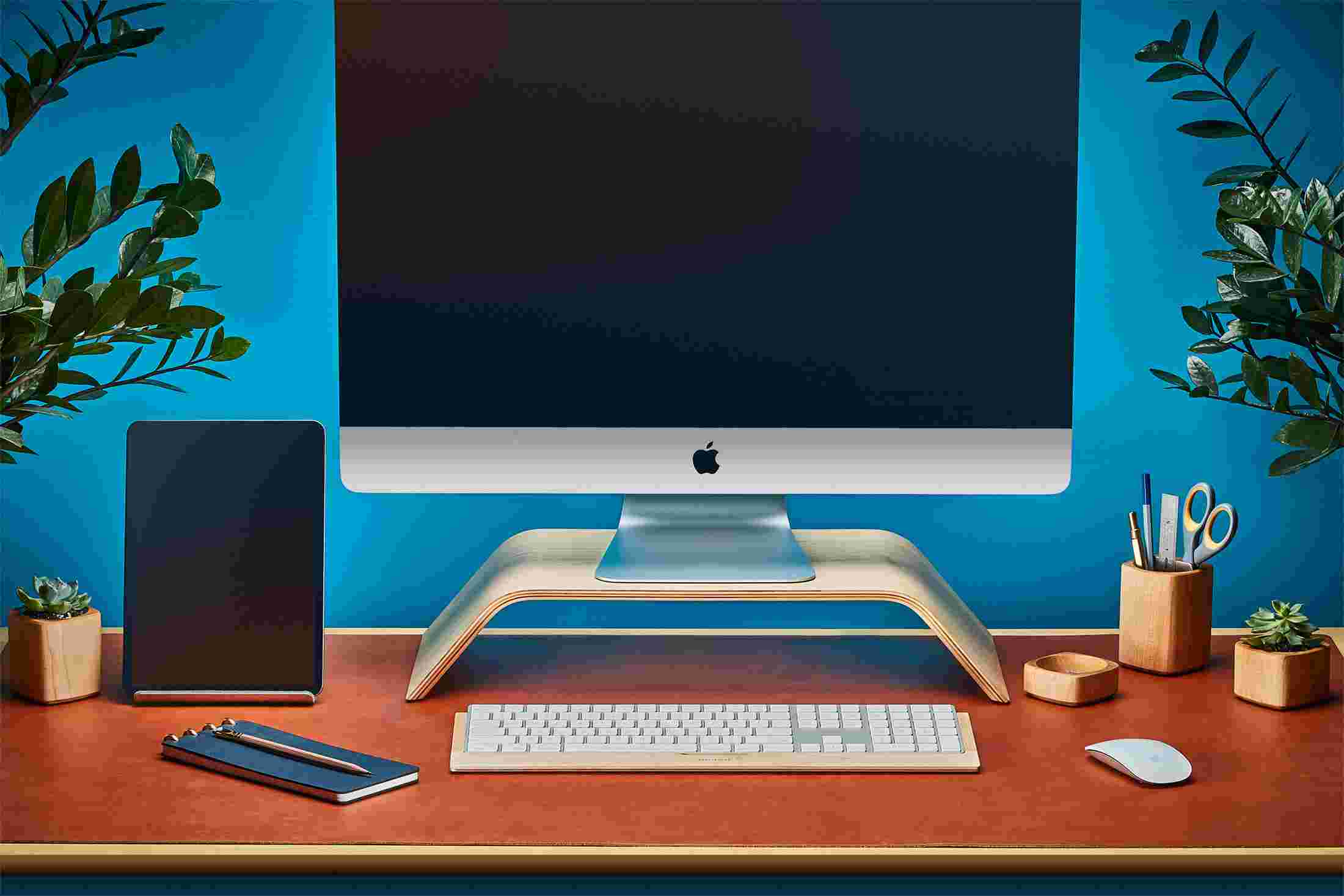 Maple wood desk collection, including bent wood monitor stand and wood iPad stand.