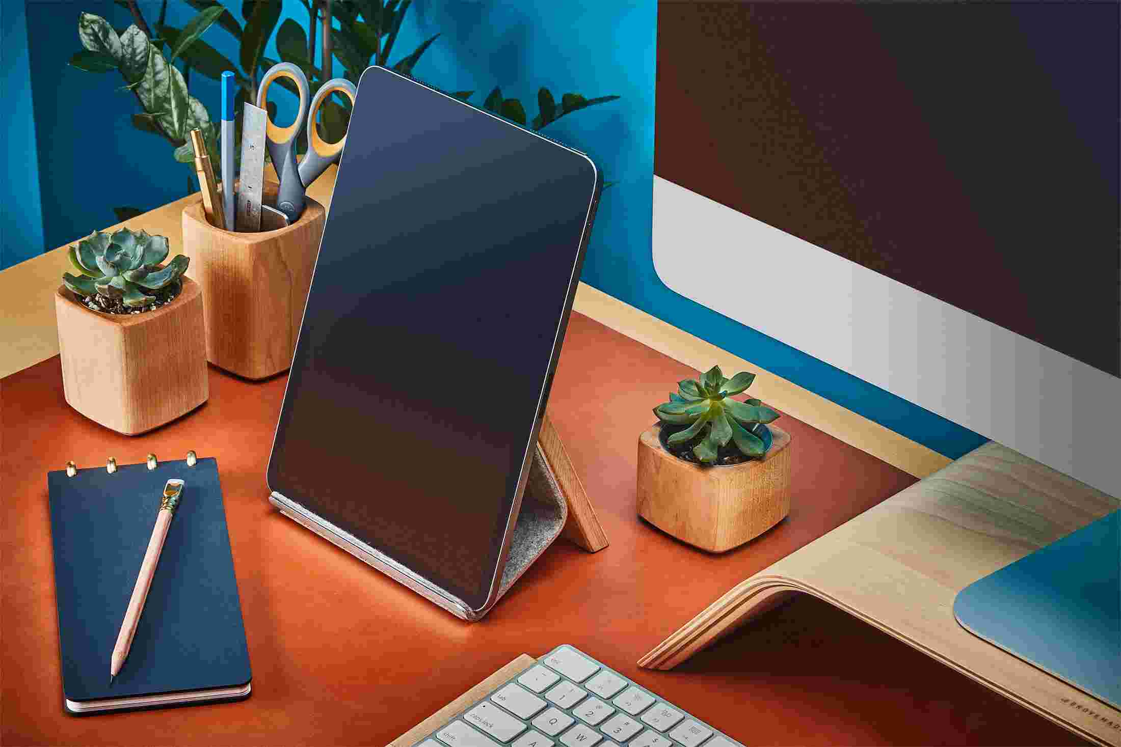 Maple wood iPad Stand with wood pen cup and succulent planters.