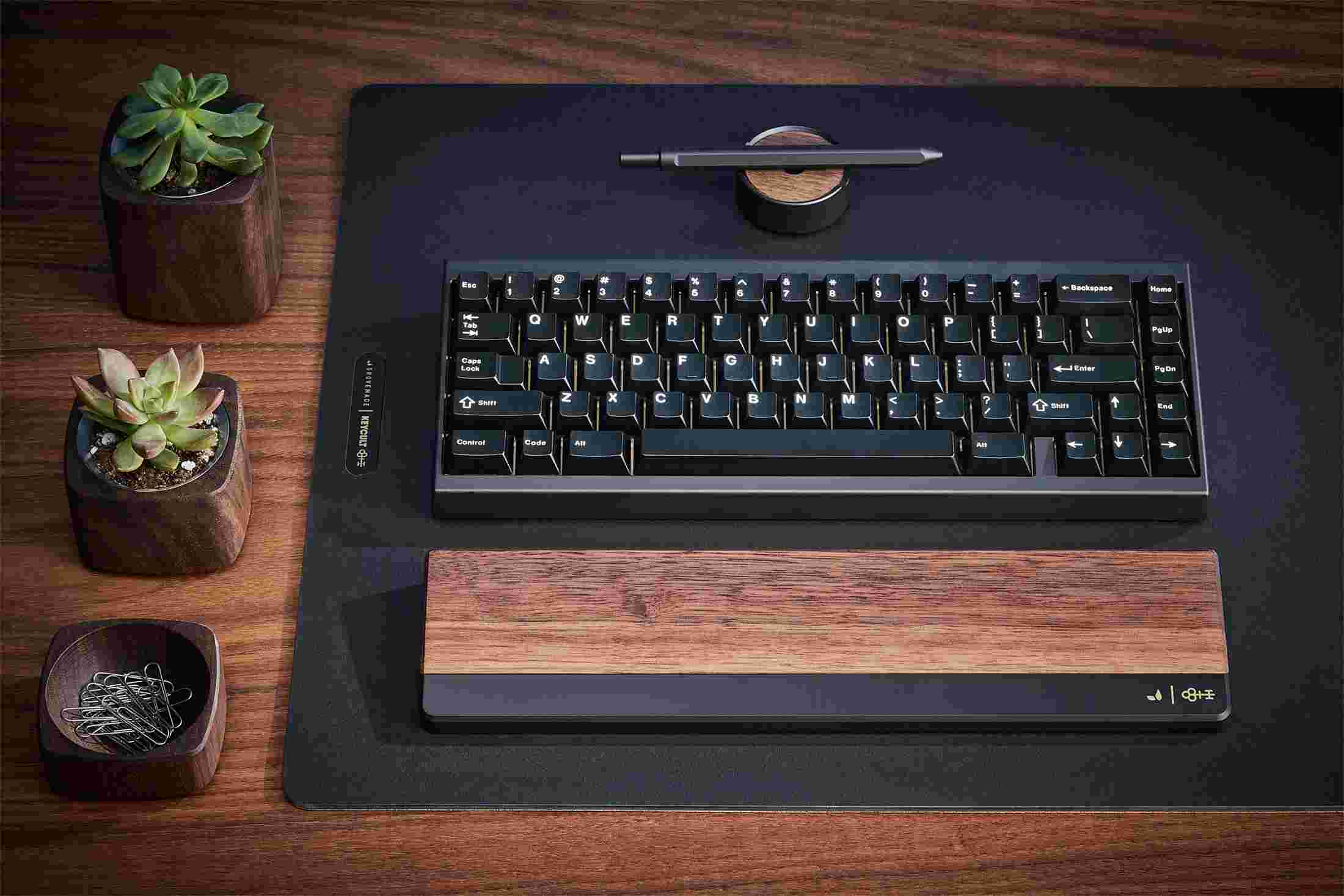 Overhead view of the Grovemade x Keycult Mechanical Keyboard and Walnut Wrist Rest.
