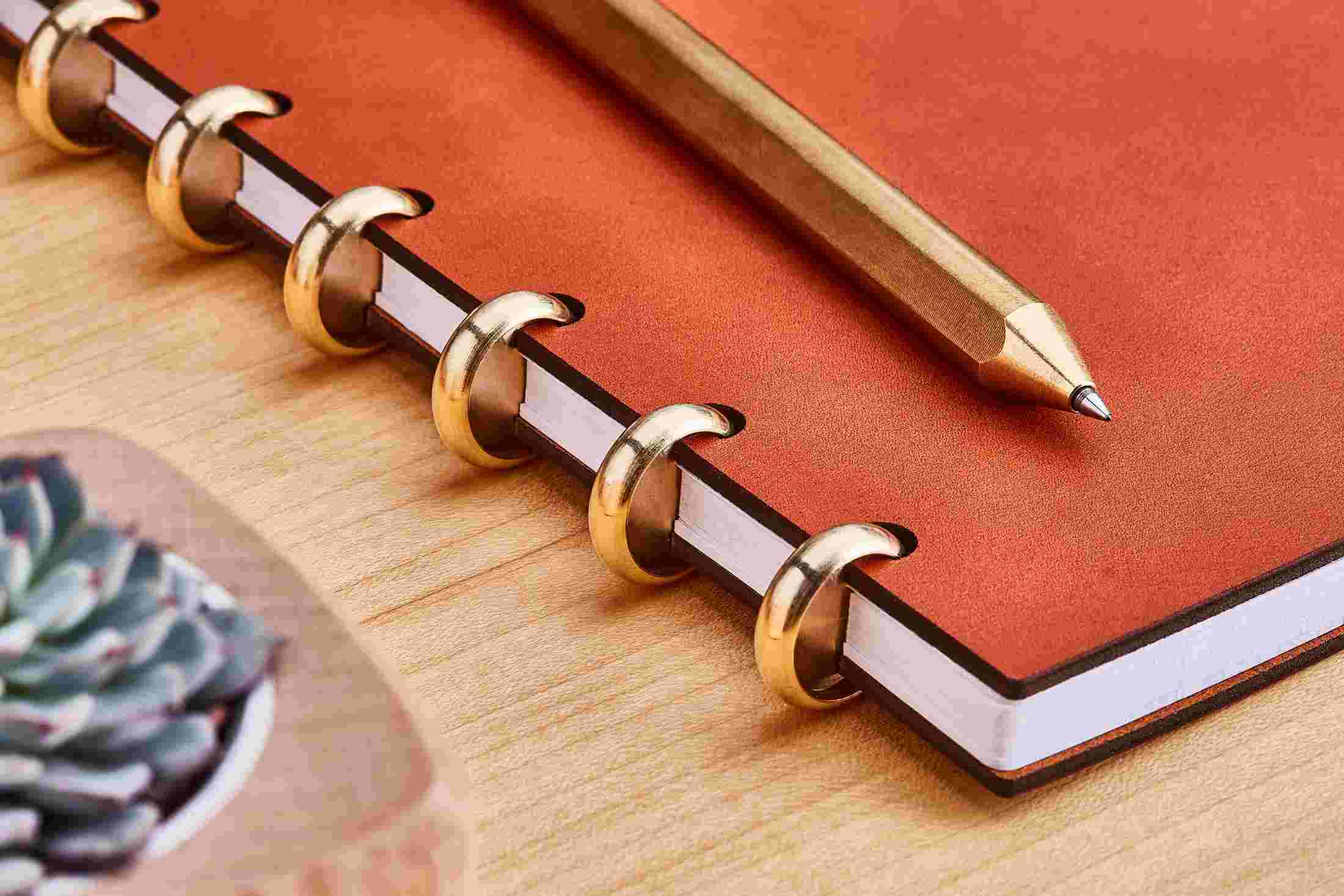 Detail of the brass discs on the Grovemade Premium Tan Leather Discbound Notebook.