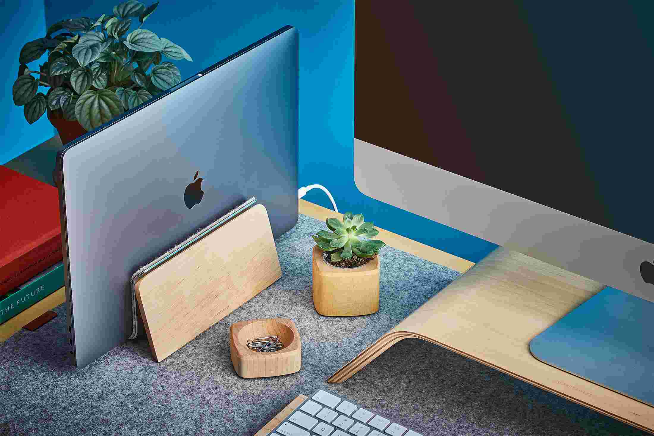 Maple MacBook Pro Dock for 13", 15", and 16" with bent wood iMac Stand.