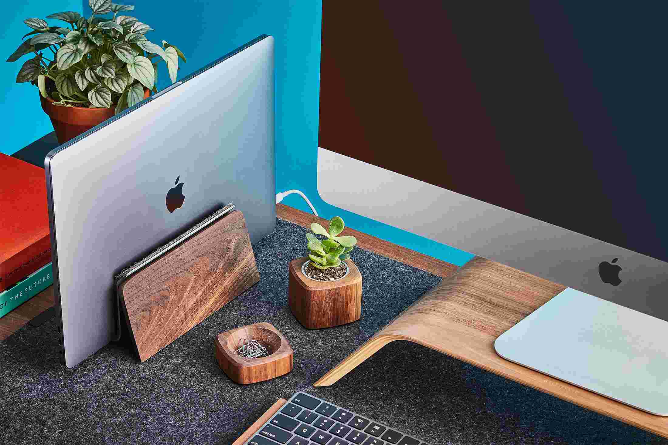 Walnut MacBook Pro Dock for 13", 15", and 16" with bent wood iMac Stand.