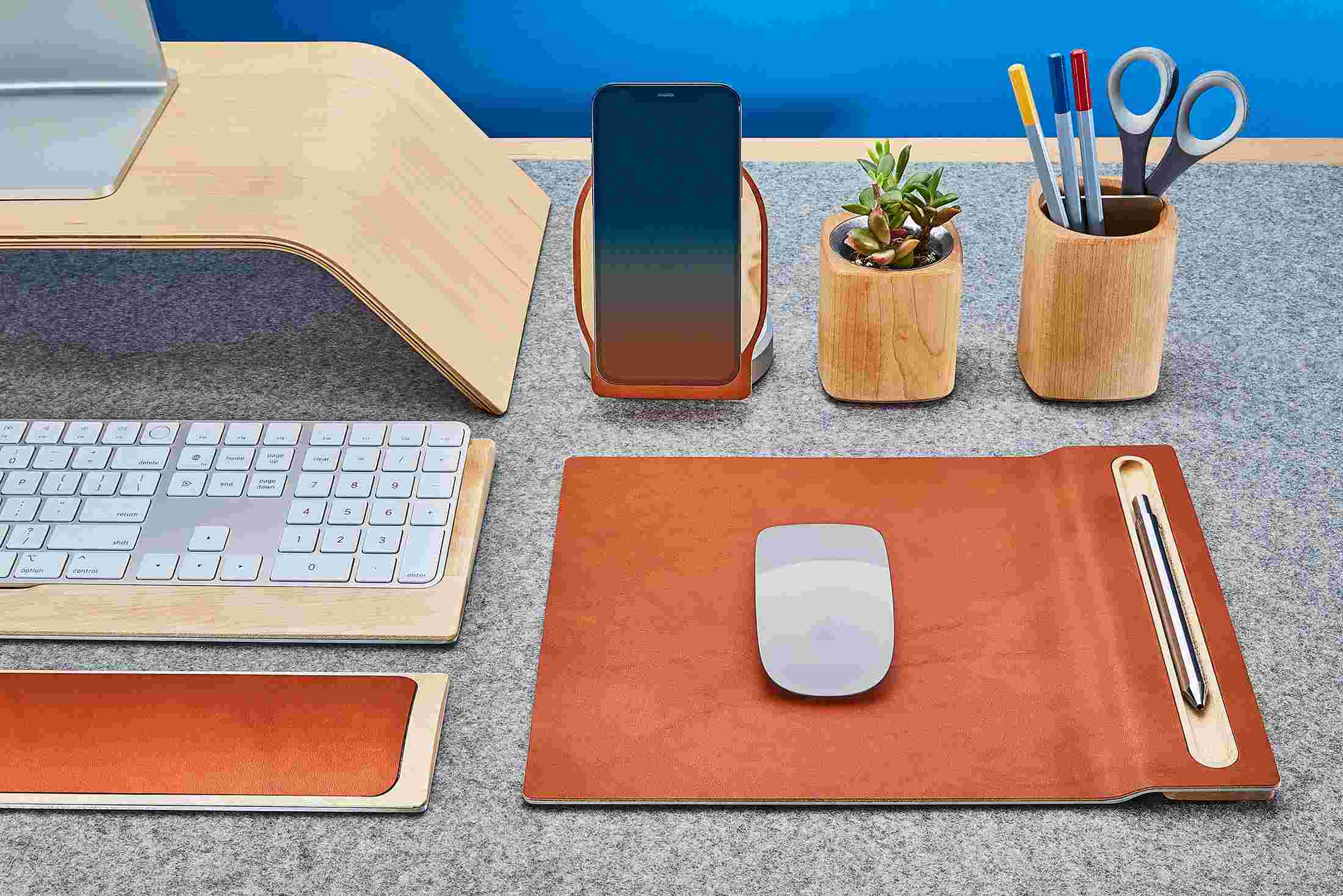 Detail of the maple and leather mouse pad with cork base.