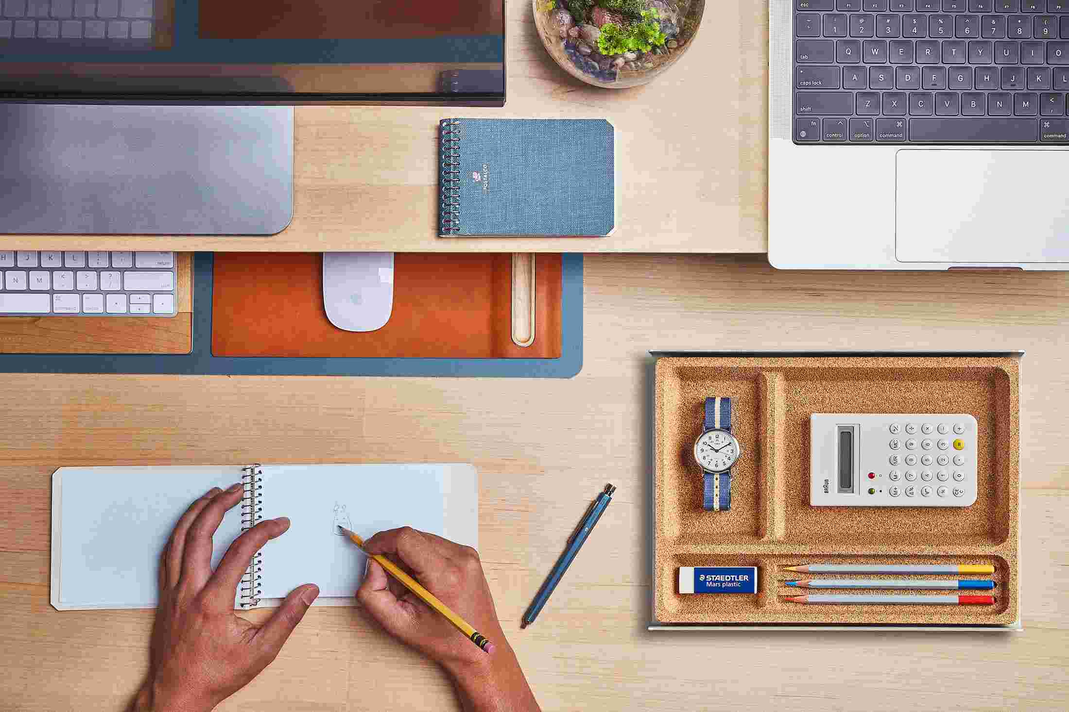 The Small Blue Desk Pad tucked under the Maple Desk Shelf, creating space to sketch and write.