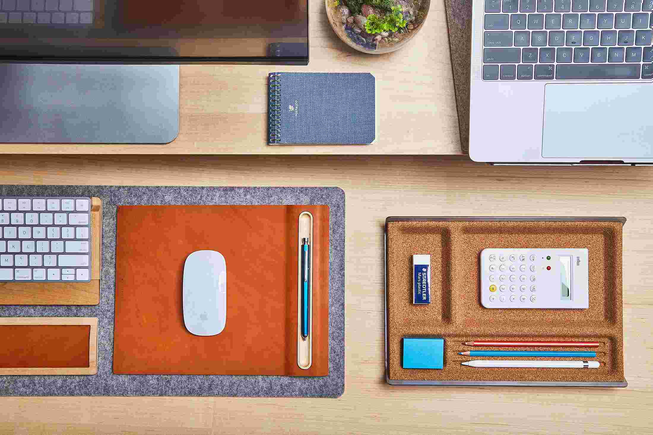 The Small Wool Felt Desk Pad, pulled out from the Maple Desk Shelf for use with a keyboard and mouse.