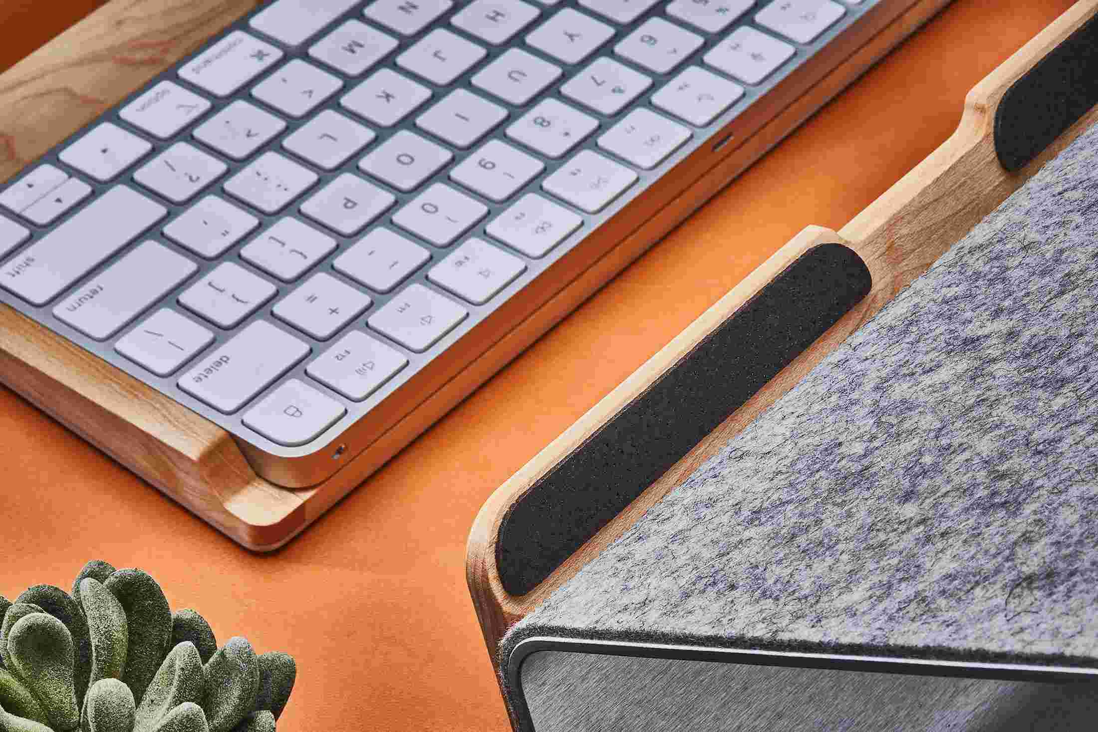 Detail of the soft wool felt lining of the Maple Laptop Riser.