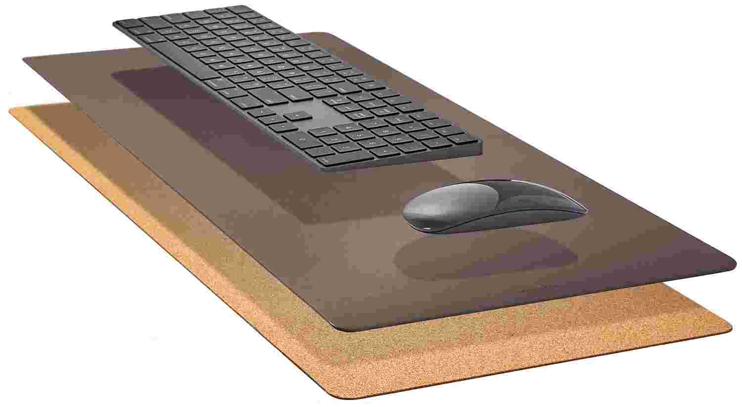 Exploded, cross-section view of the Matte Desk Pad in Light Yellow, showing the layering of cork and all-natural linoleum.
