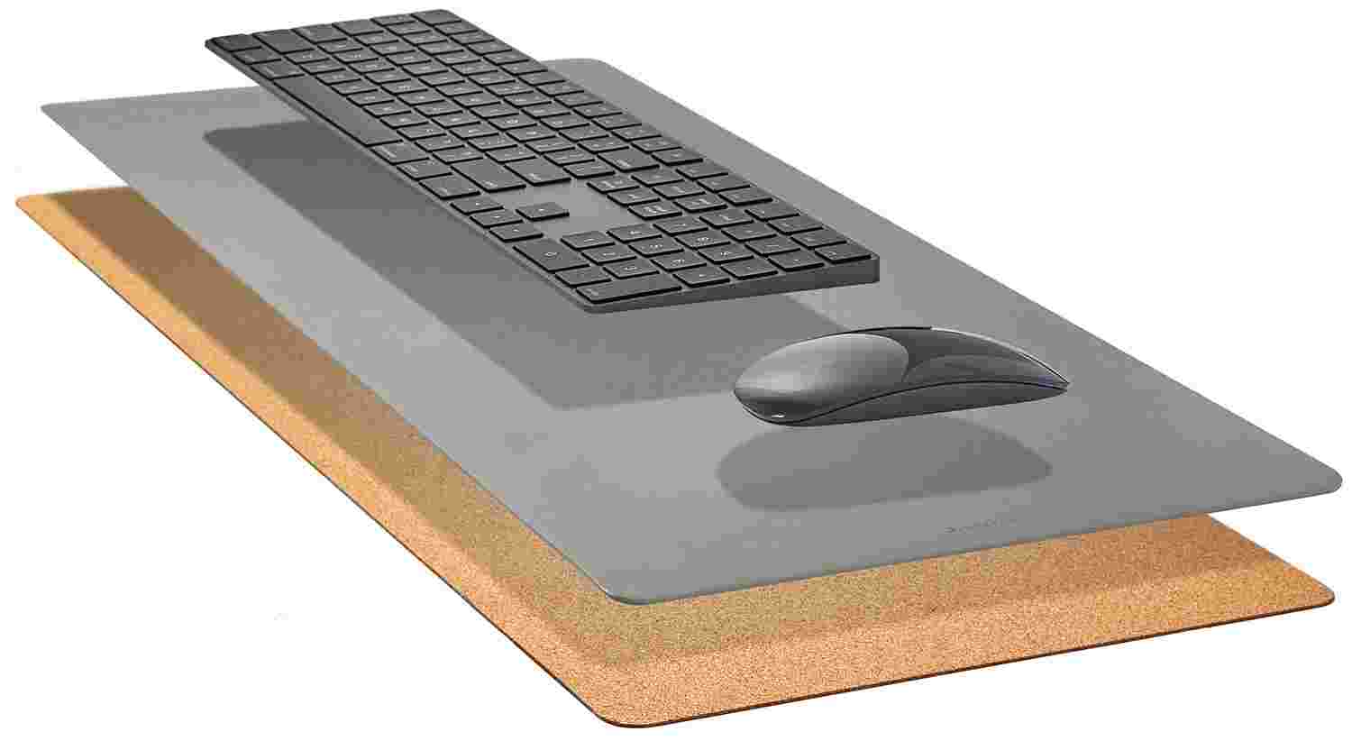 Exploded, cross-section view of the Matte Desk Pad in Light Yellow, showing the layering of cork and all-natural linoleum.