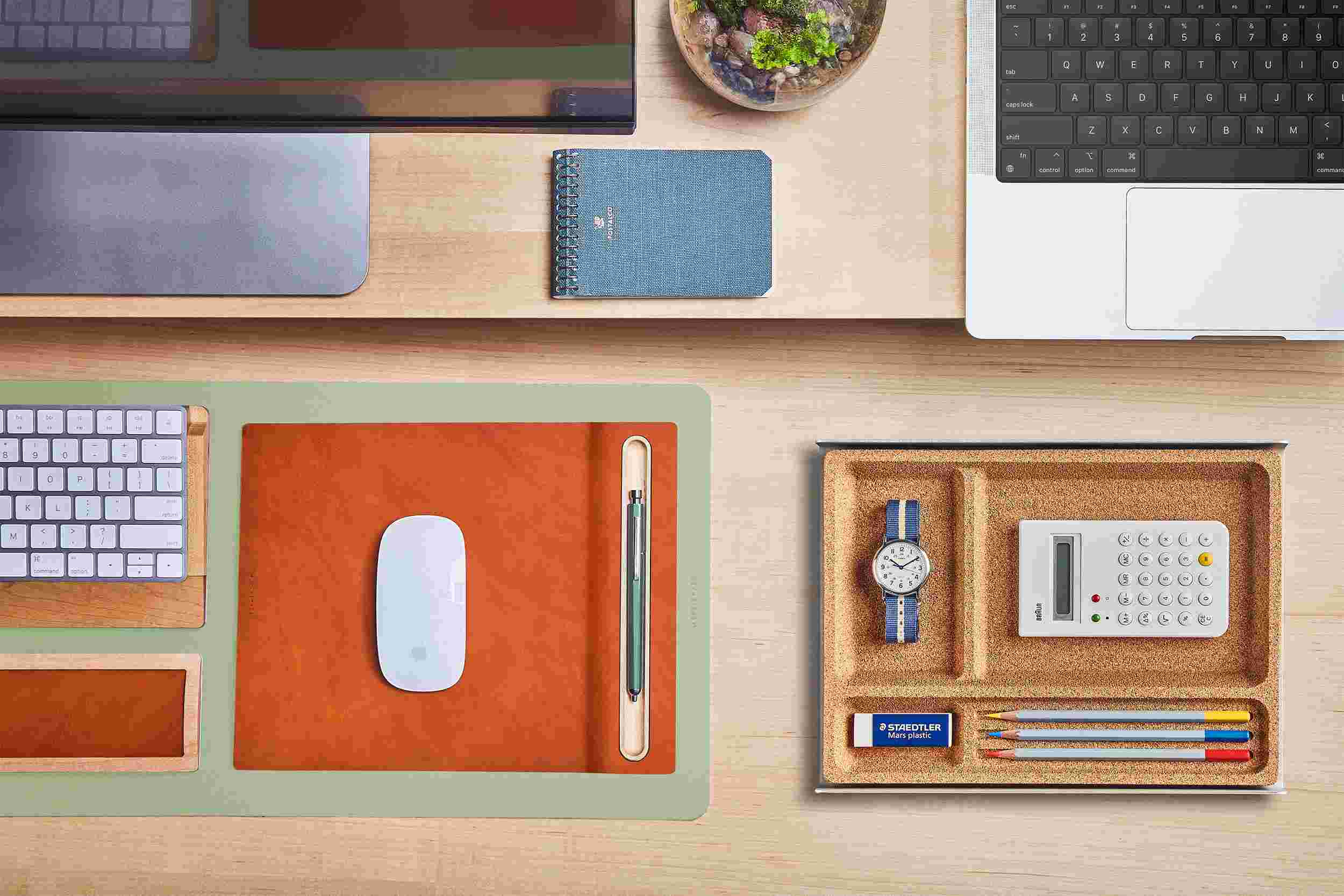 The Small Light Green Desk Pad tucked under the Maple Desk Shelf, creating space to sketch and write.