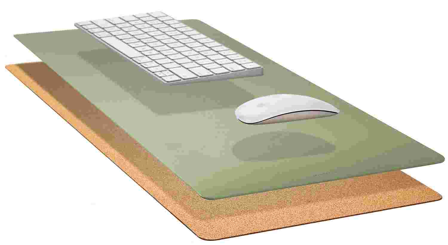 Exploded, cross-section view of the Matte Desk Pad in Light Green, showing the layering of cork and all-natural linoleum.