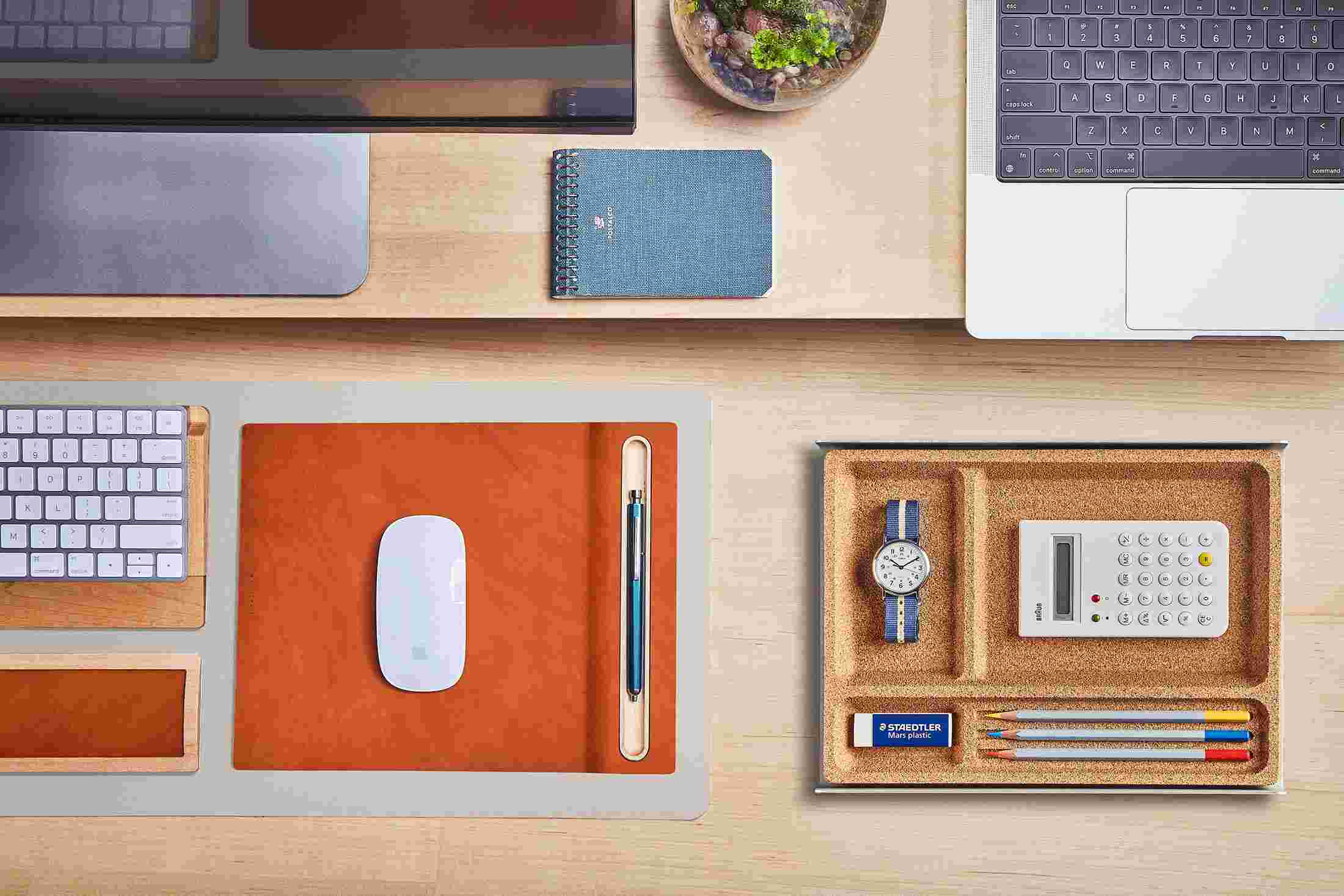 The Small Light Grey Desk Pad tucked under the Maple Desk Shelf, creating space to sketch and write.