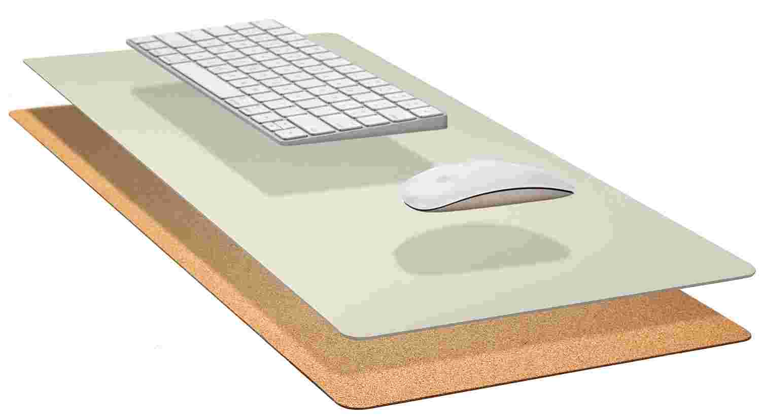 Exploded, cross-section view of the Matte Desk Pad in Light Yellow, showing the layering of cork and all-natural linoleum.
