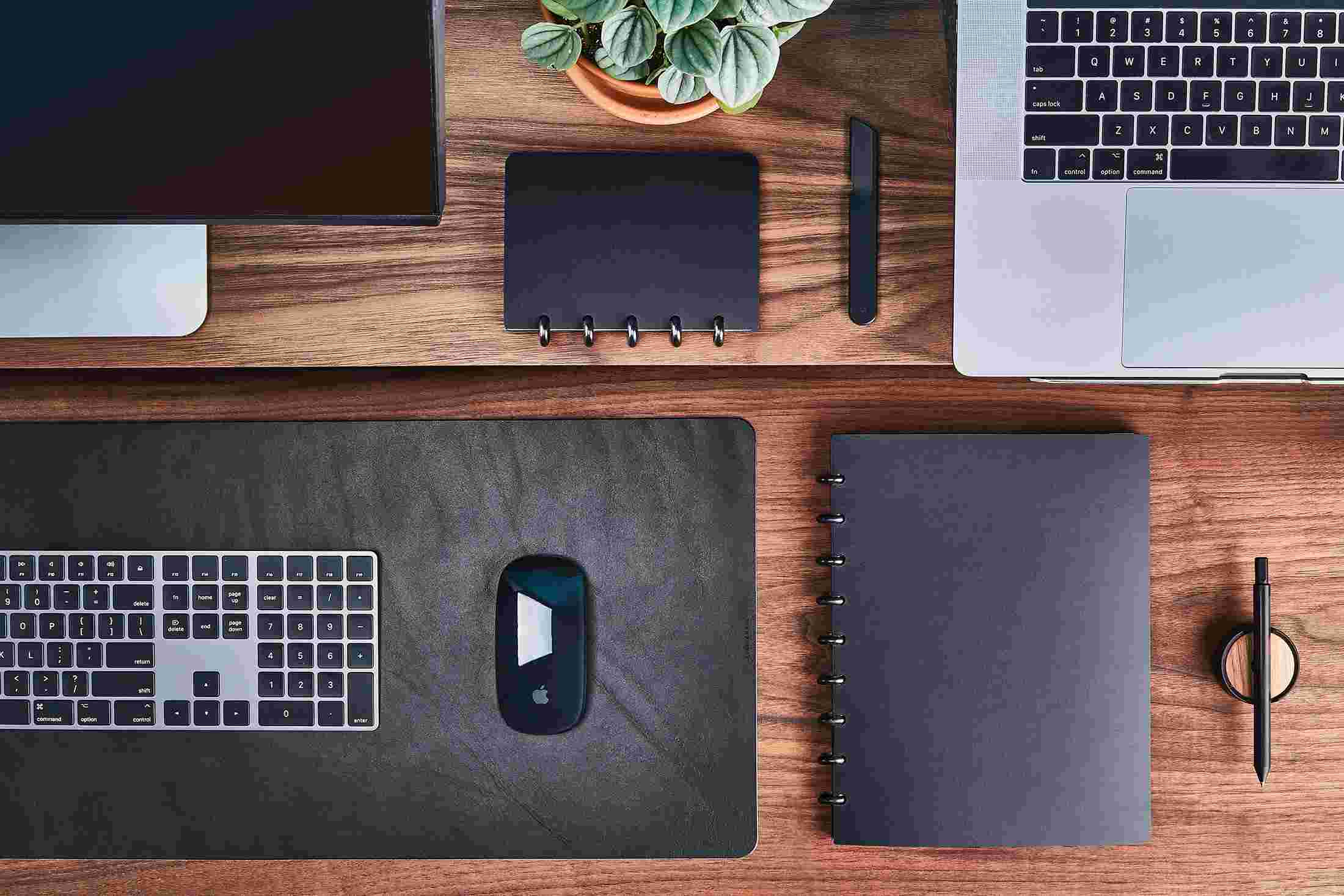 Overhead of the Grovemade Monitor Shelf with large and small discbound notebooks.