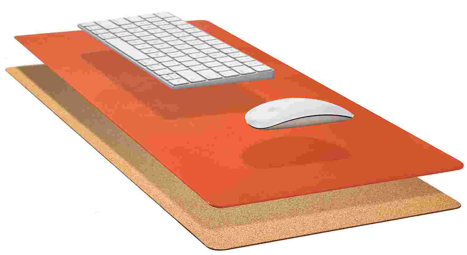 Exploded, cross-section view of the Matte Desk Pad in Orange, showing the layering of cork and all-natural linoleum.