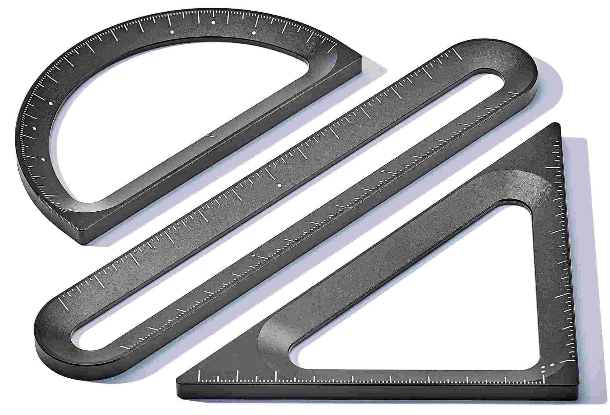 The Grovemade Ruler, Protractor, and Triangle on white background.