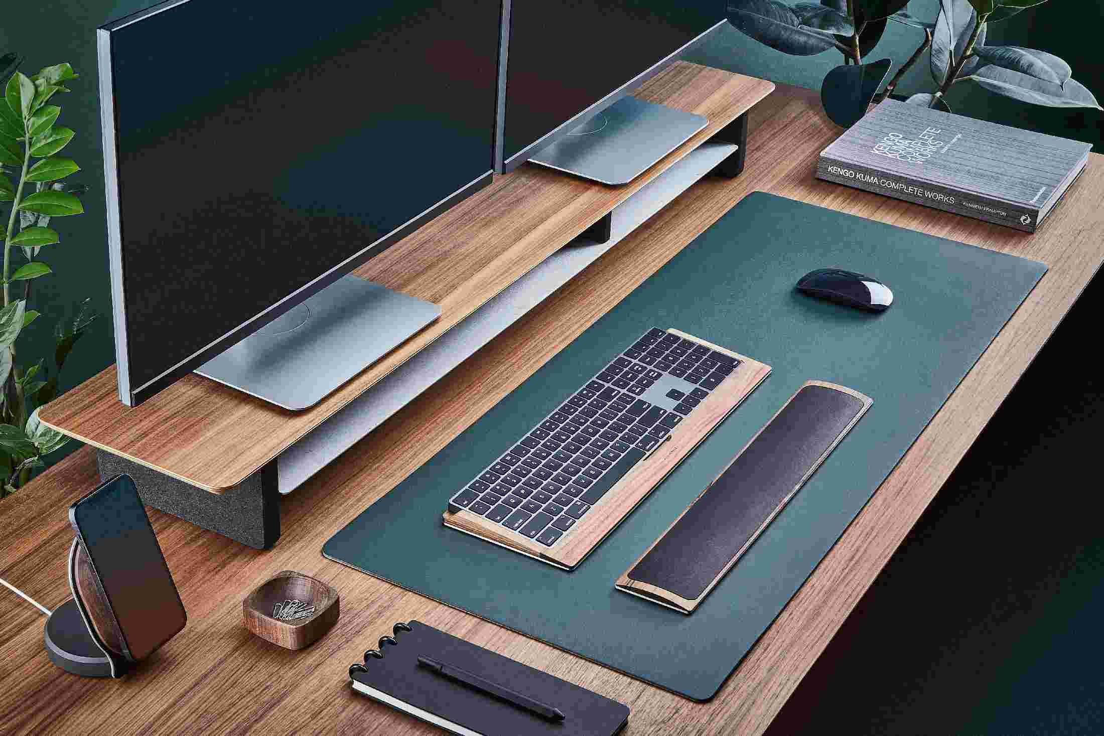 The conifer green desk pad as part of the Grovemade Walnut Desk Collection.