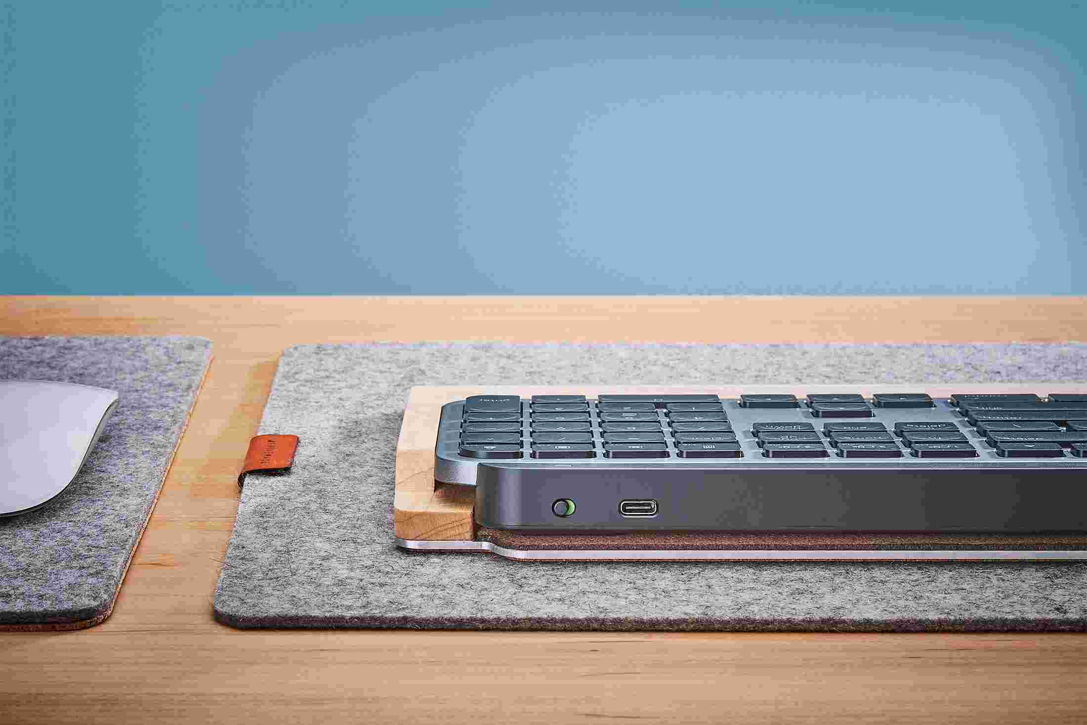 The back of the Maple MX Keys Keyboard Tray, open for access to the charging port.