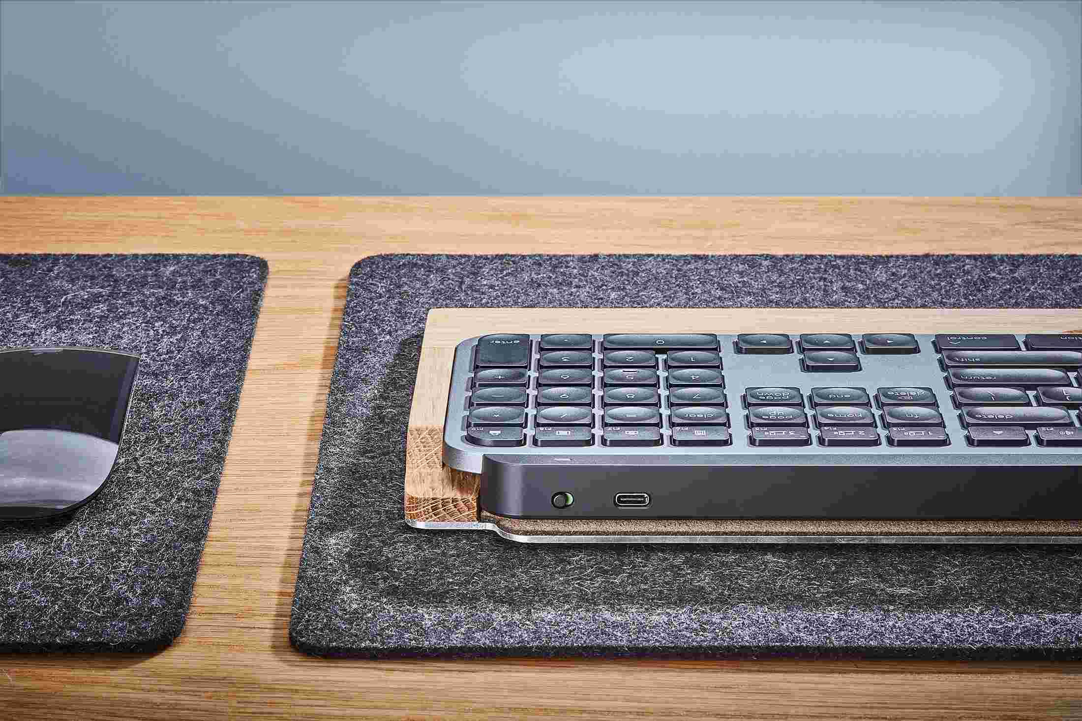 The back of the Oak MX Keys Keyboard Tray, open for access to the charging port.