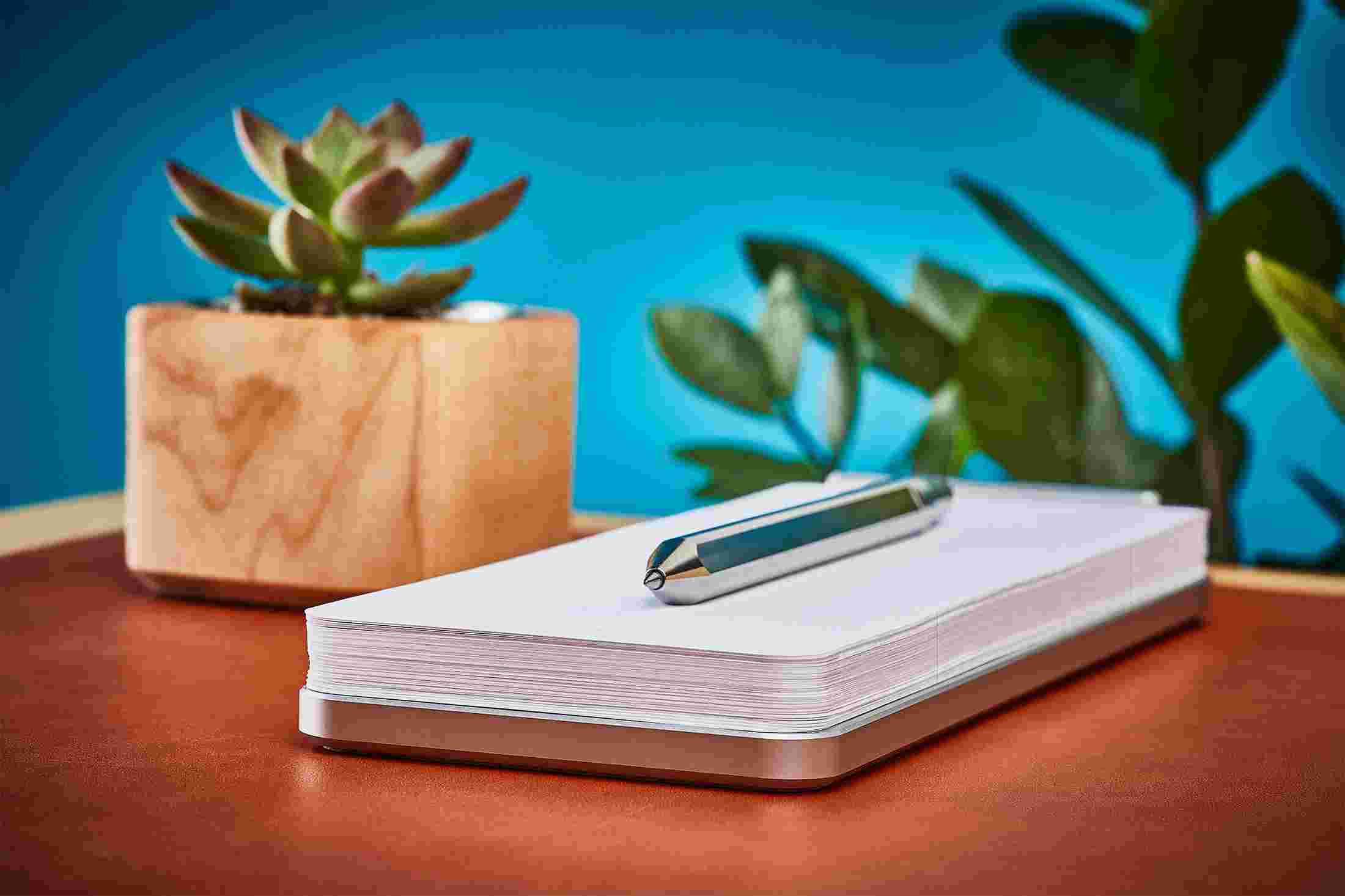 Profile view of aluminum metal desk notepad on natural leather desk pad.