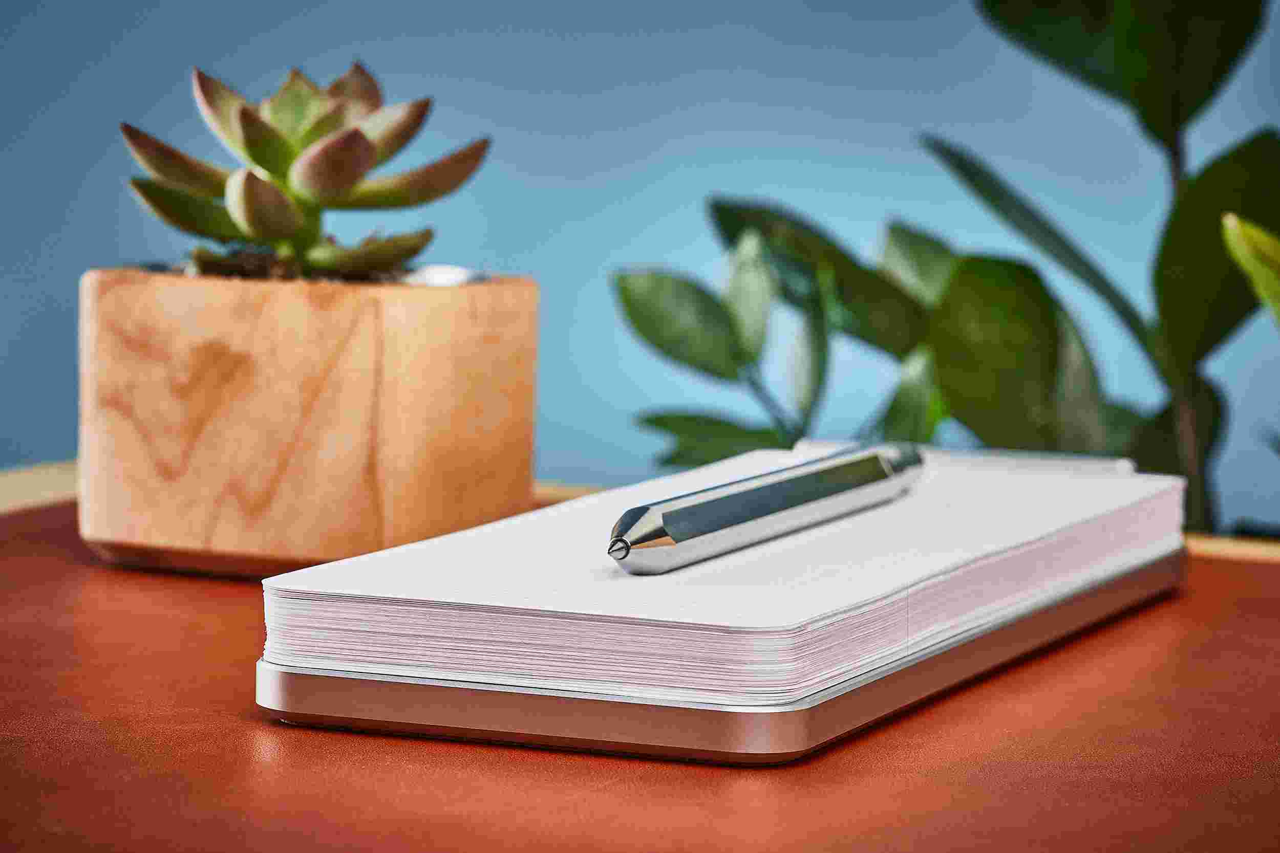 Profile view of aluminum metal desk notepad on natural leather desk pad.
