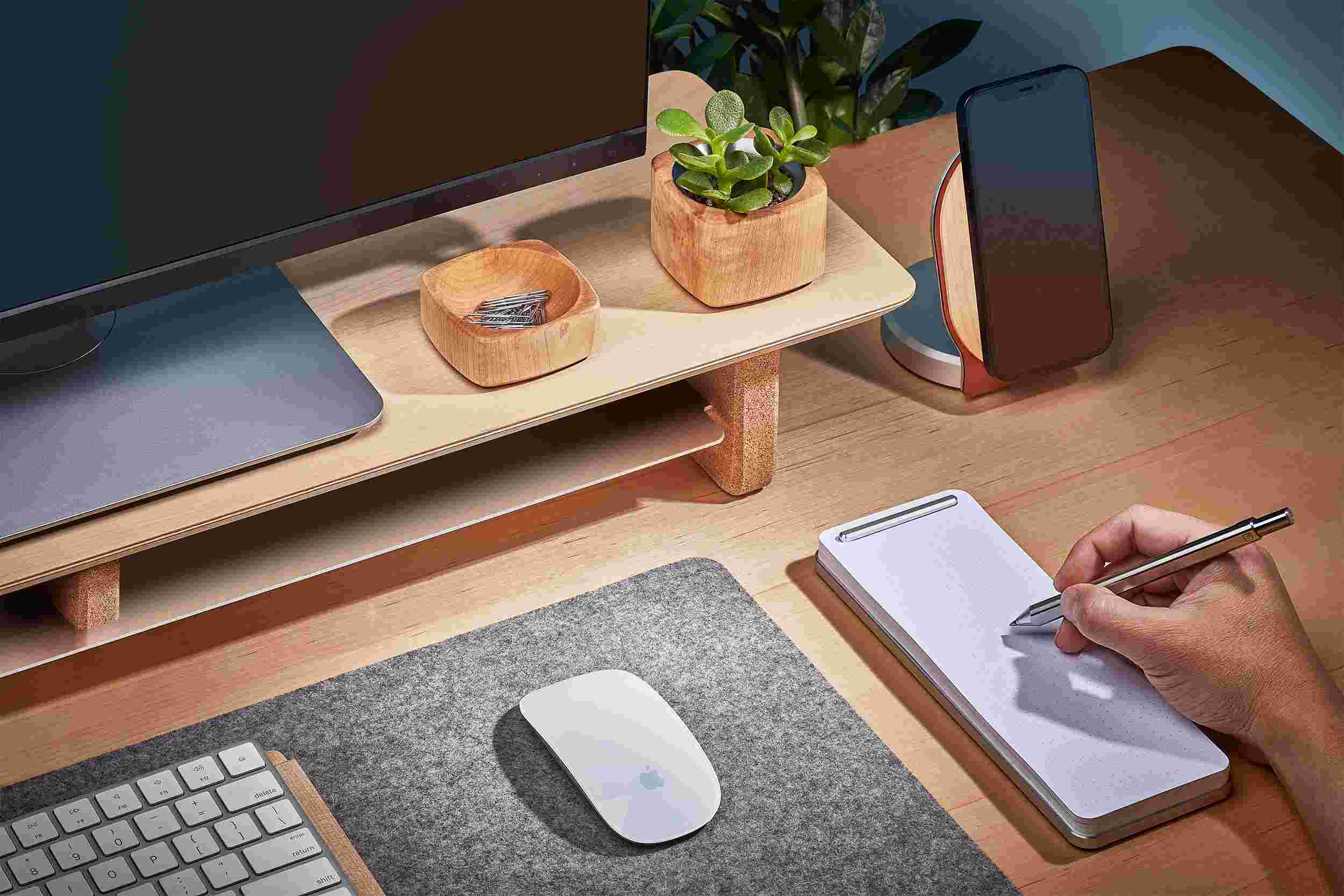 Modern desk notepad in aluminum, with maple desk shelf.
