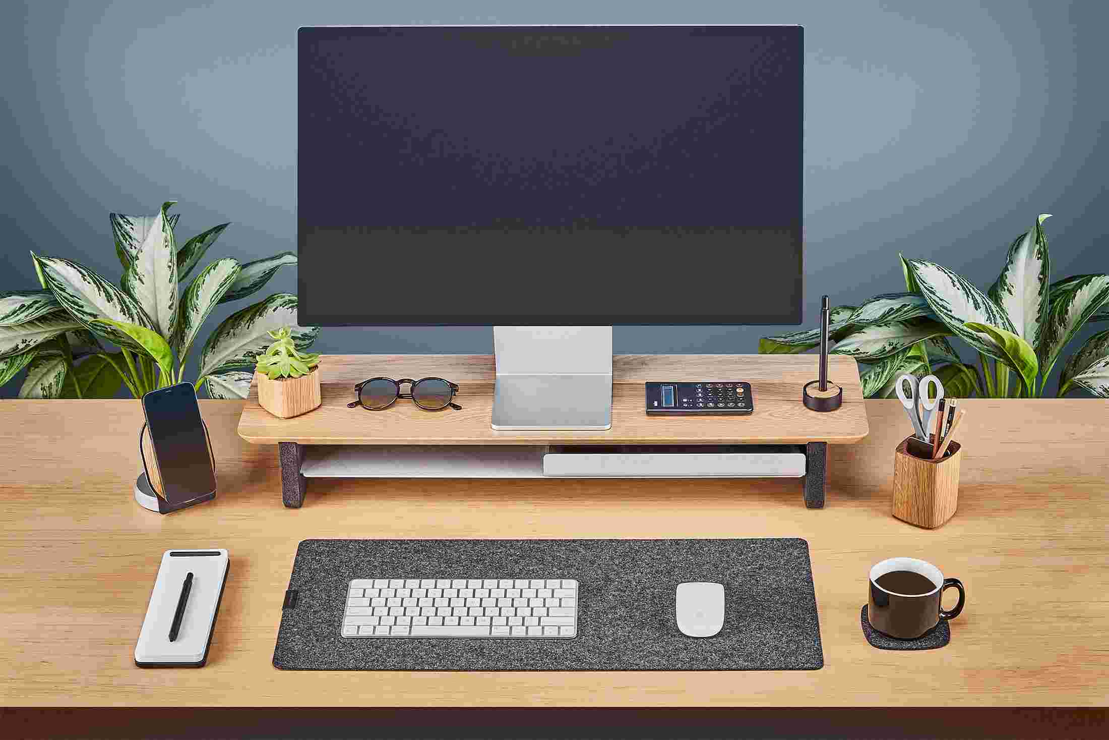 Medium White Oak Desk Shelf shown with Apple Cinema Display.