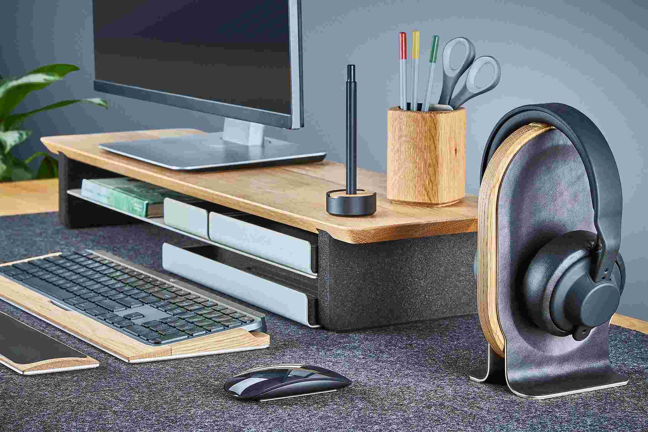 The Oak Headphone Stand with matching oak monitor stand.