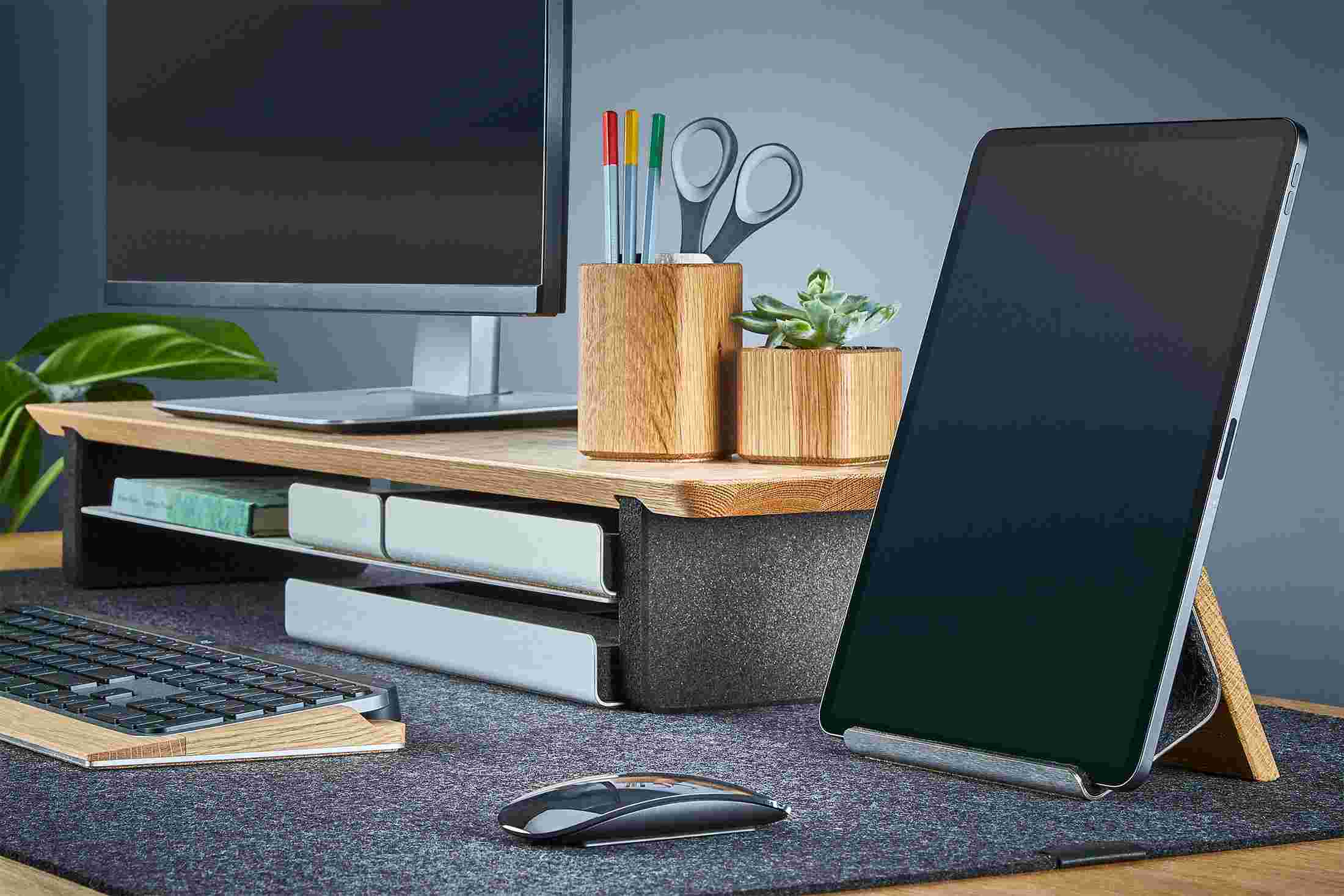Oak wood iPad Stand with matching wood pen cup and succulent planter.