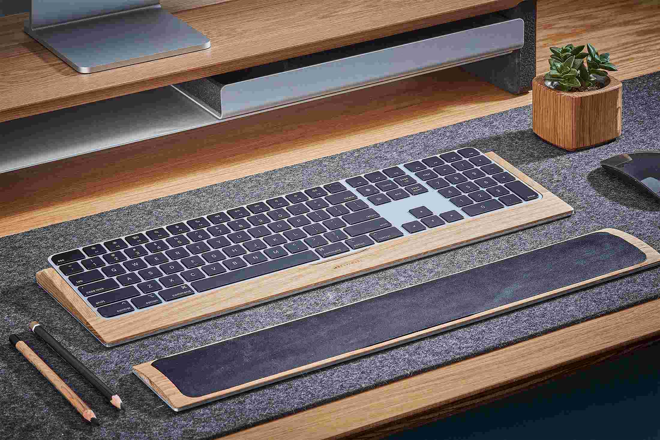 The Oak Apple Keyboard Tray with matching wood and leather wrist rest.