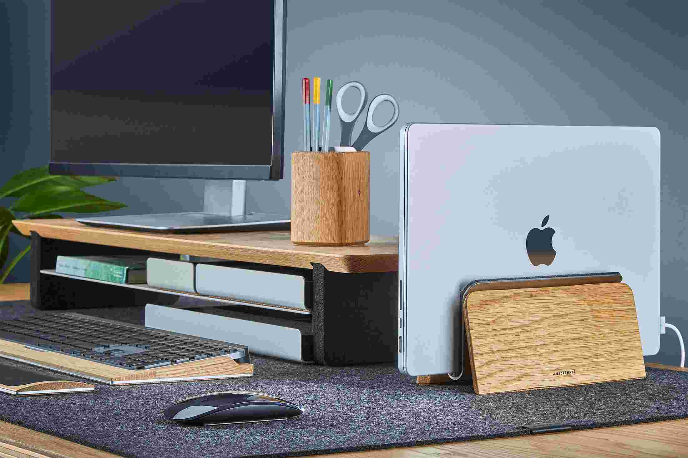 Oak MacBook Dock with medium Oak Desk Shelf.