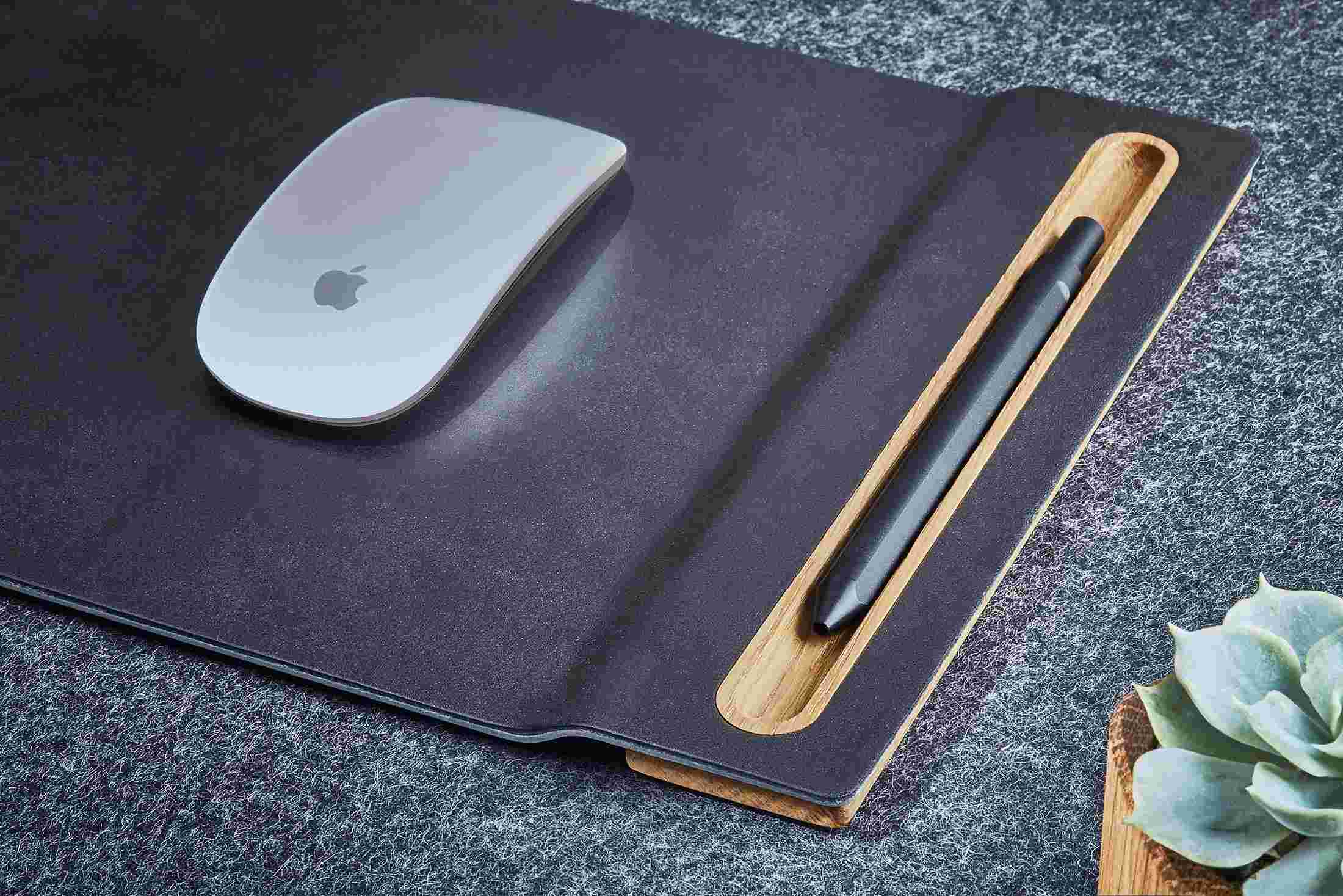 Detail of the oak wood pen tray integrated into the Grovemade leather mouse pad
