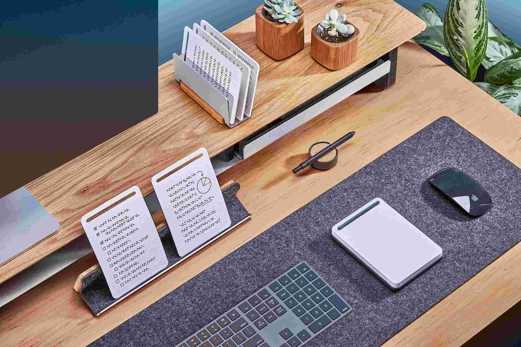 Oak Note-Taking kit with matching desk shelf and dark wool felt desk pad.