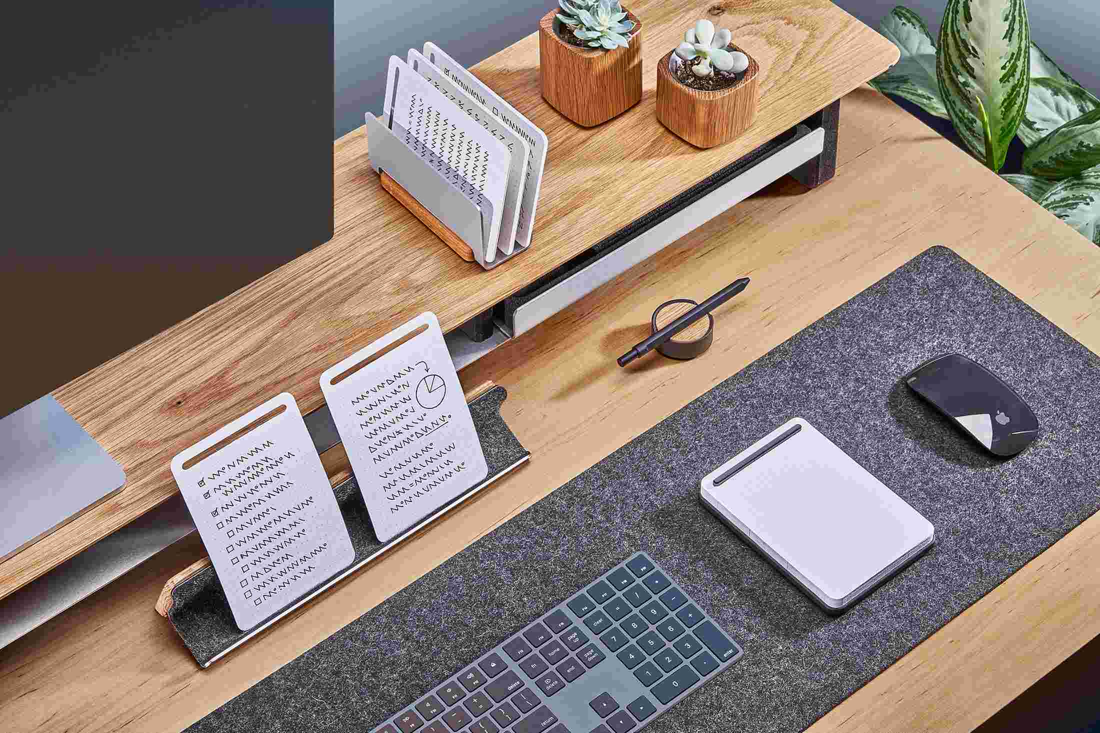 Oak Note-Taking kit with matching desk shelf and dark wool felt desk pad.