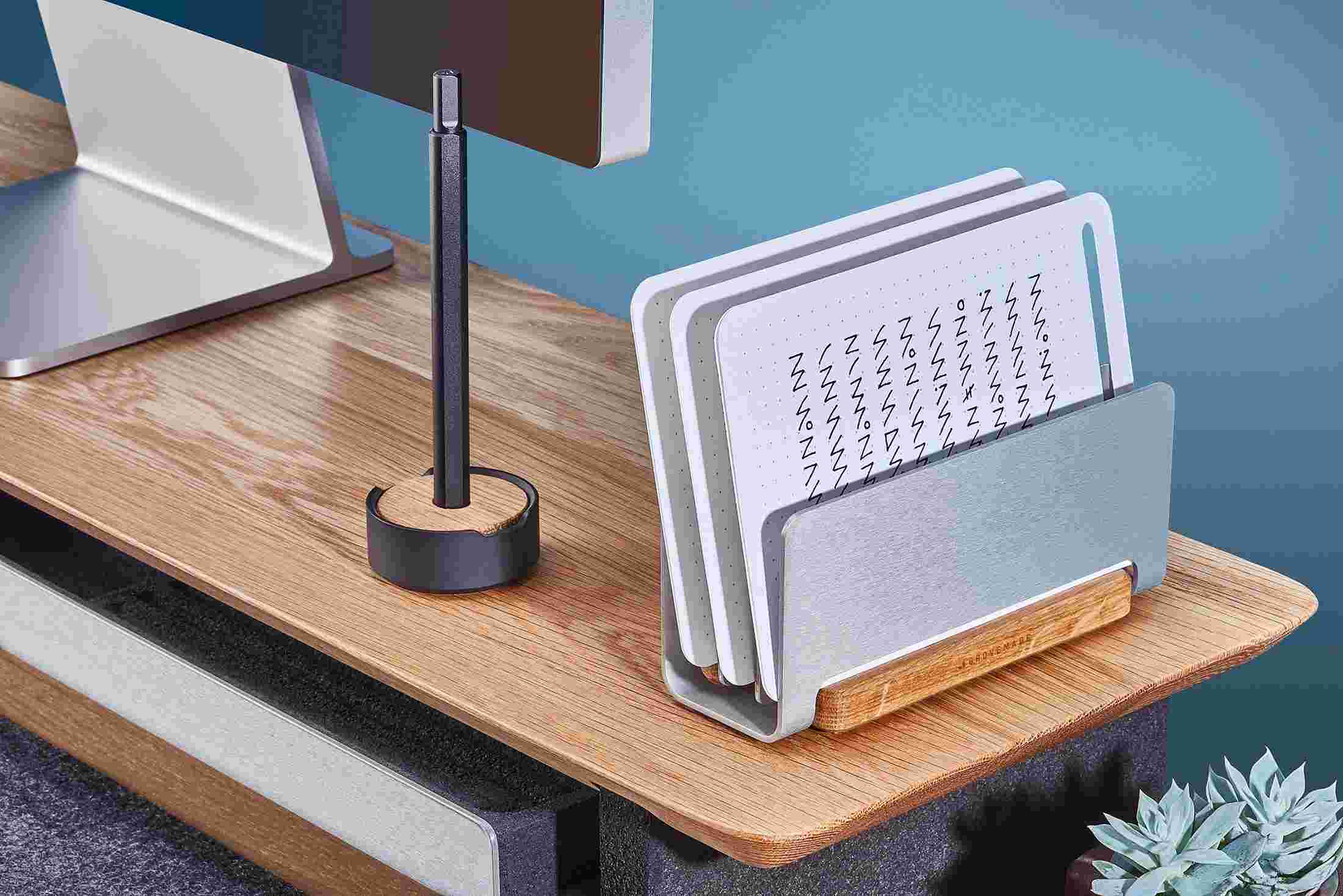 The Oak Vertical Organizer with notes filed into three separate divisions.