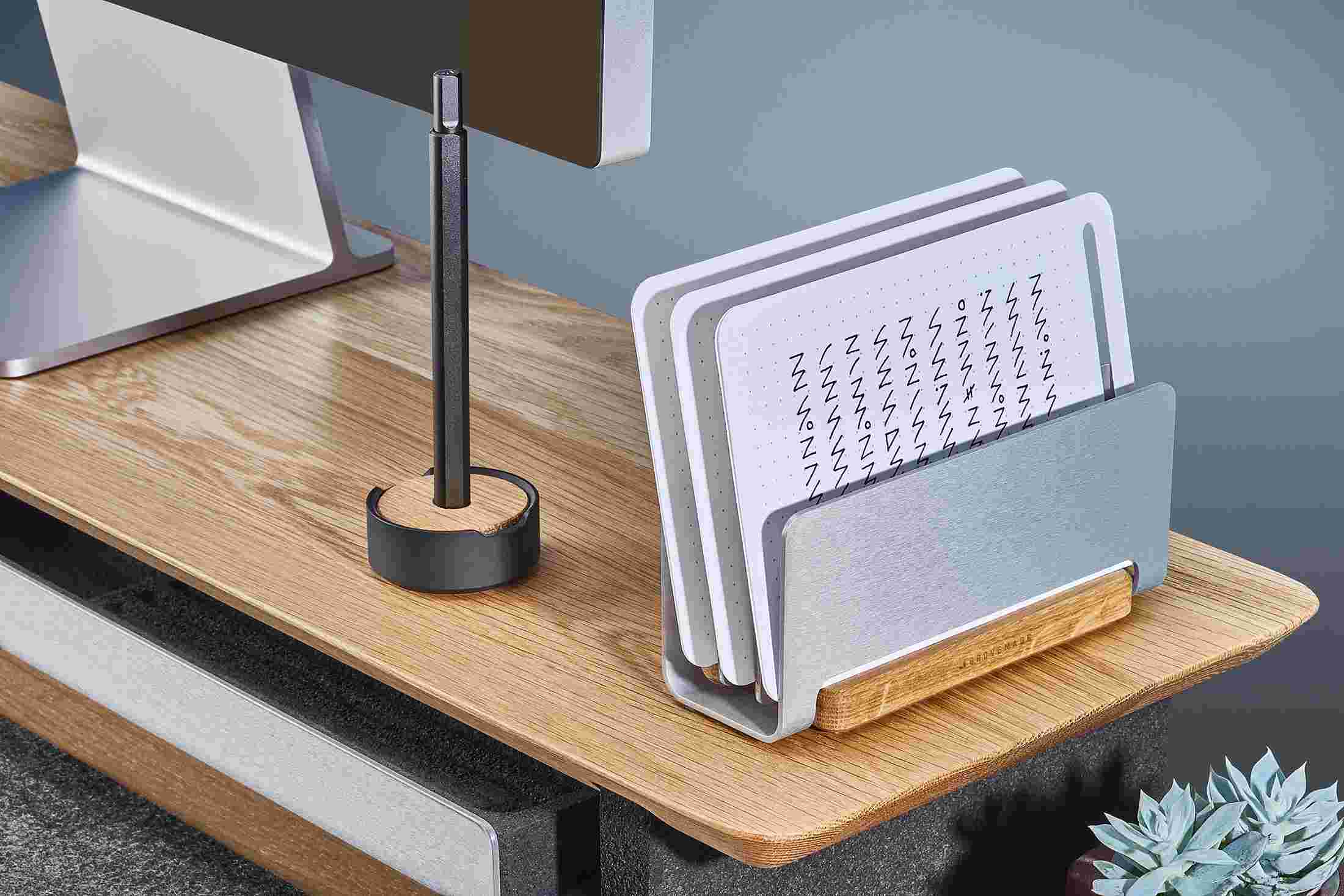 The Oak Vertical Organizer with notes filed into three separate divisions.