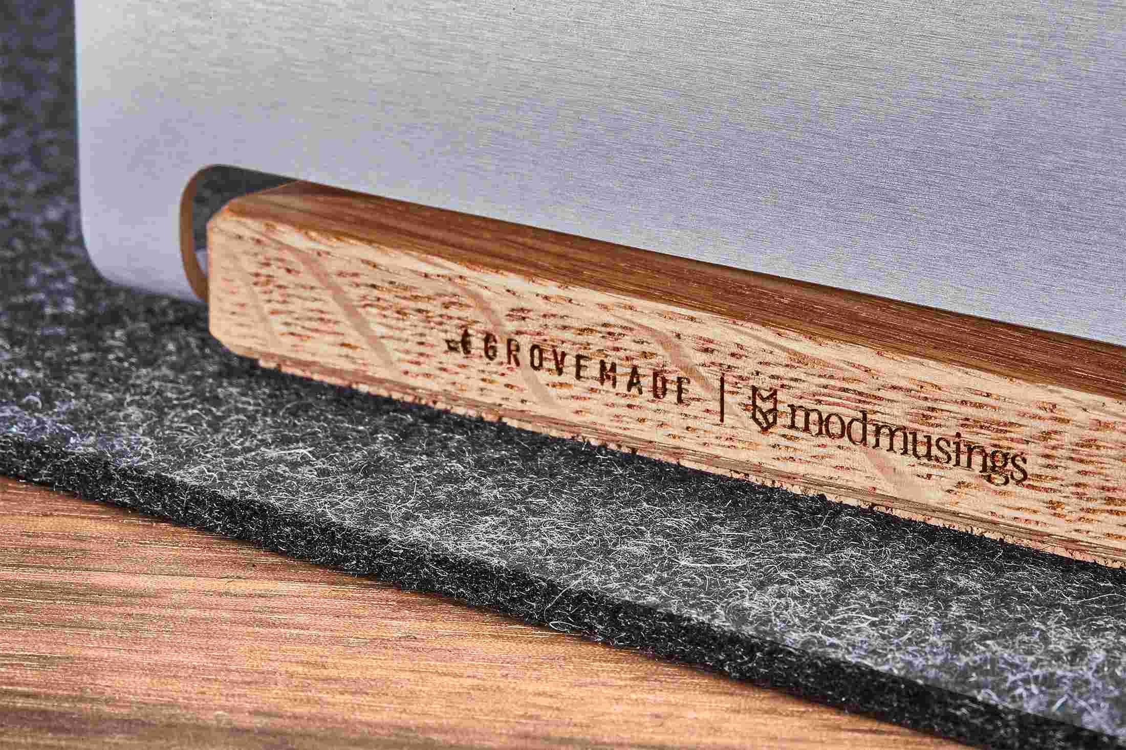 Grovemade x Mod Musings logo engraving on the base of the Special Edition Vertical Organizer.