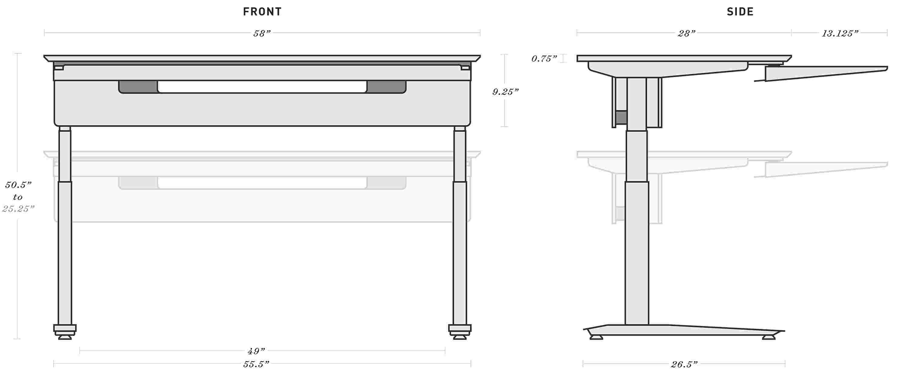 Diagram of the front and profile of the desk. The dimensions listed in the diagram are also available below.