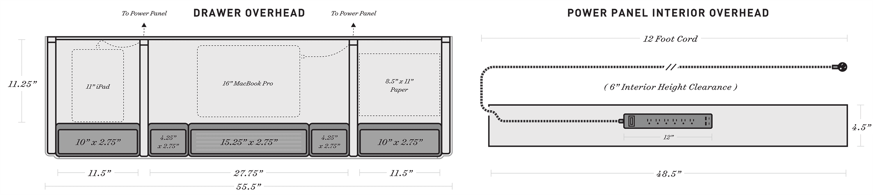 Diagrams showing the sizes of partitions in the desk drawer, as well as the interior dimensions of the power panel.