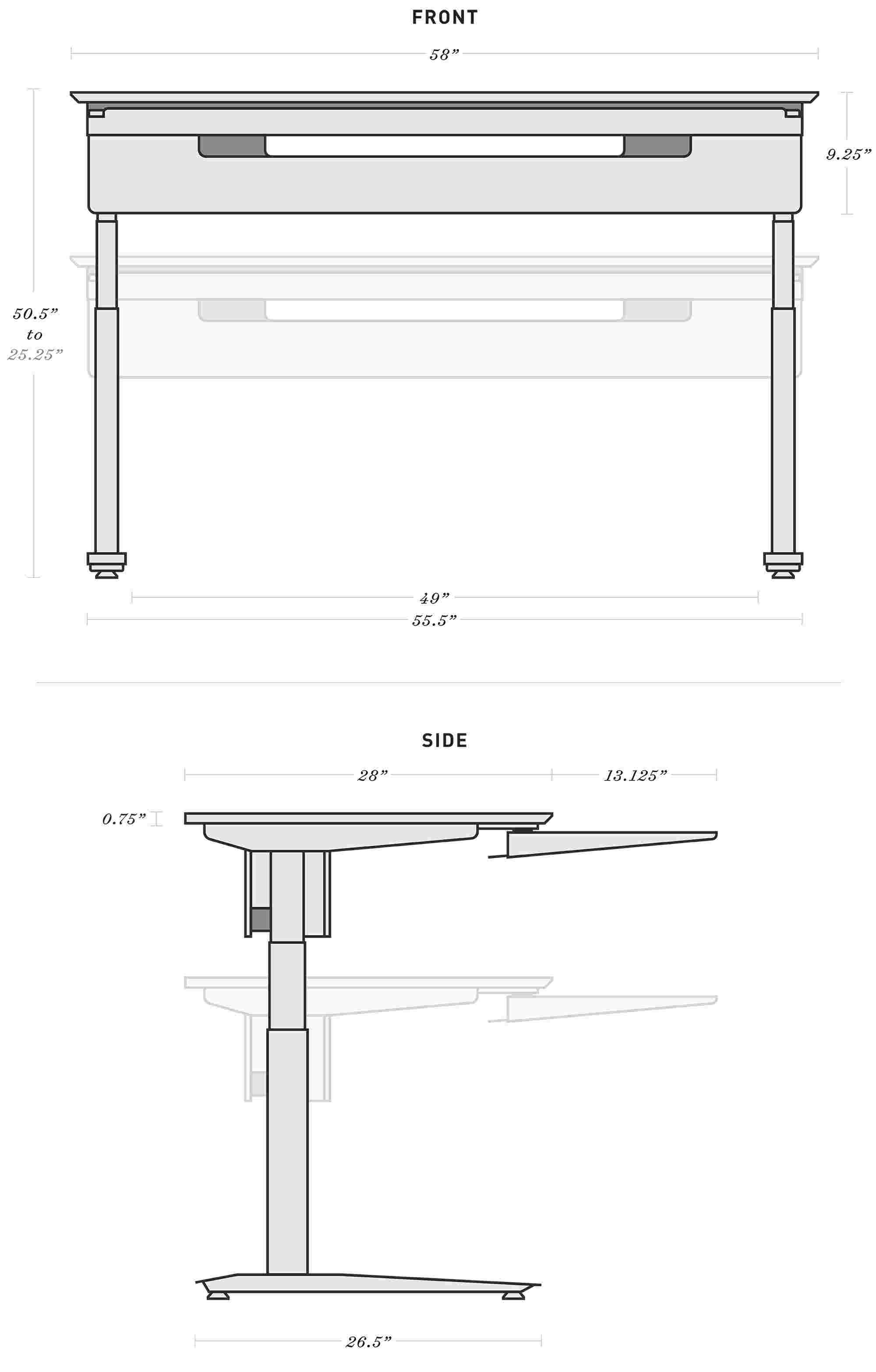 Diagram of the front and profile of the desk. The dimensions listed in the diagram are also available below.