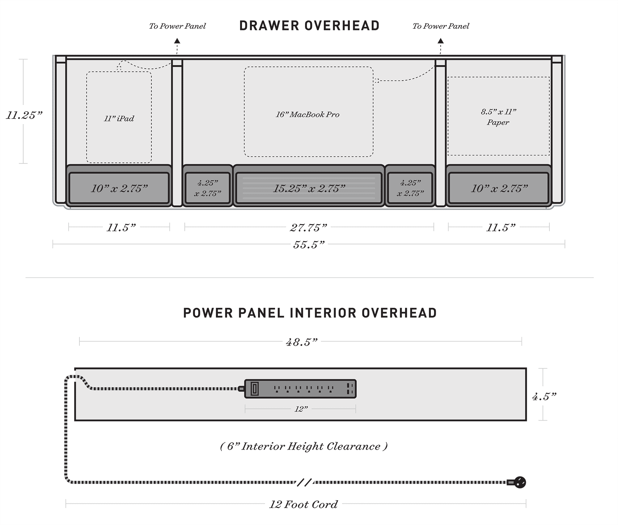 Diagrams showing the sizes of partitions in the desk drawer, as well as the interior dimensions of the power panel.