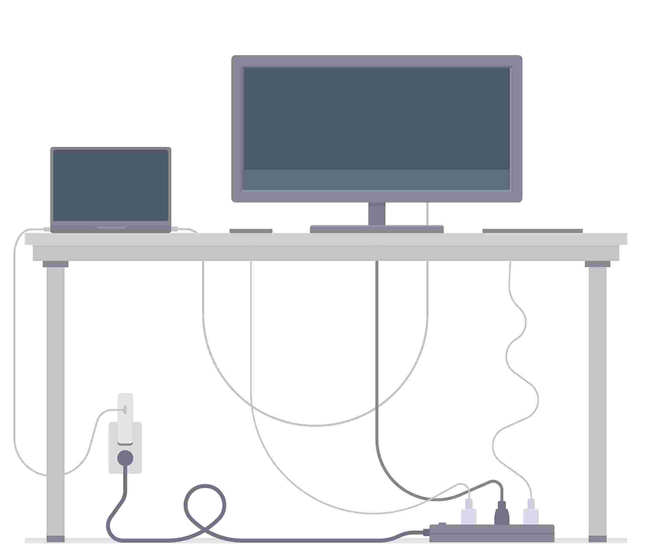 シンプルなデスクと、そこから乱雑に絡み合った電源コードを描いたベクターイラスト