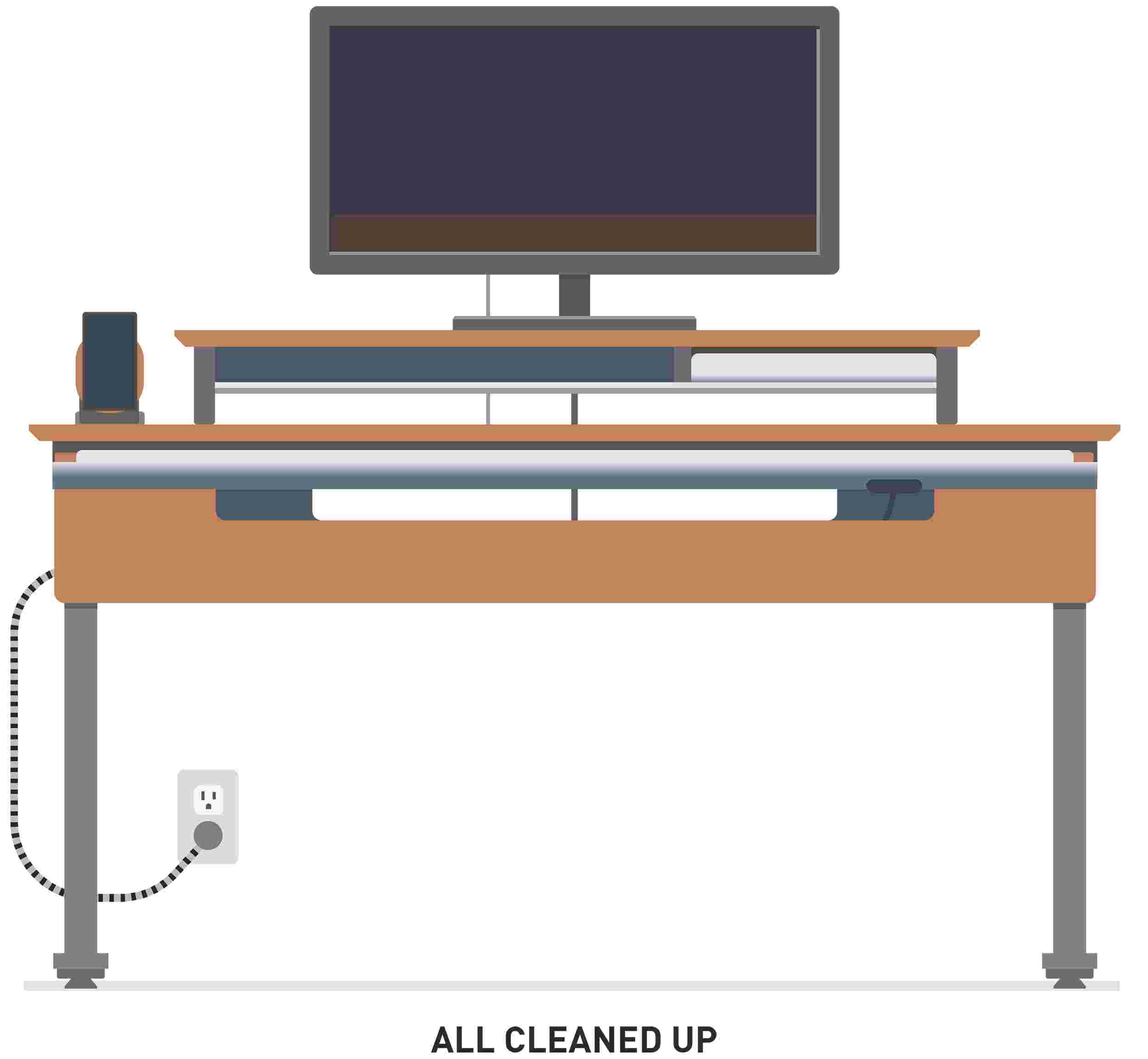Illustration of the Grovemade Desk with a single cord running to a wall outlet, labelled "All Cleaned Up."