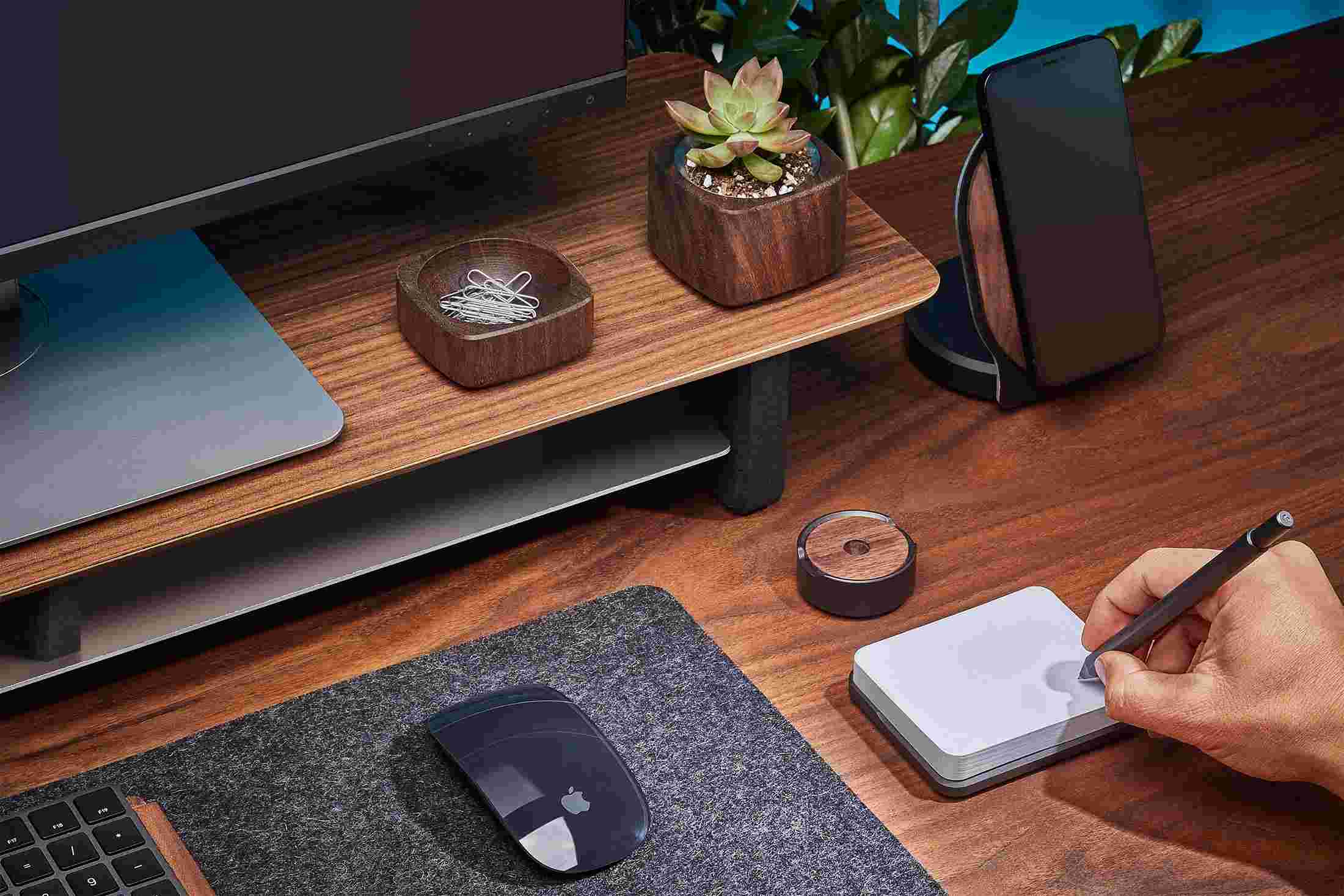 Premium sticky note pad as part of the walnut wood desk collection feature wood monitor stand.