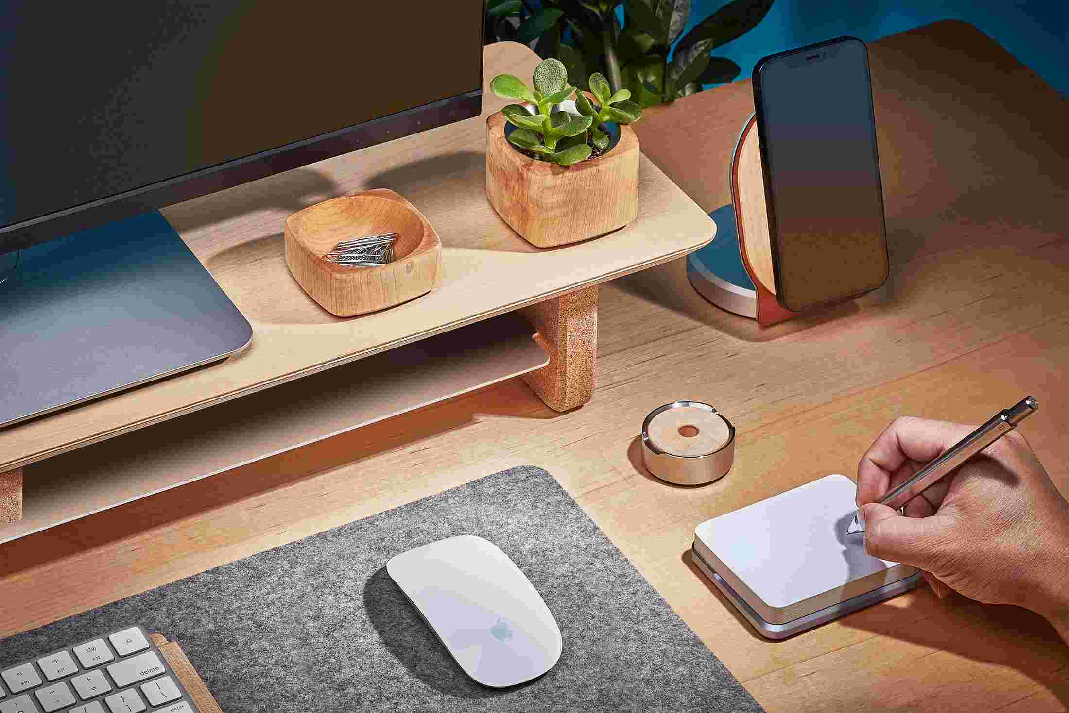 Premium sticky note pad as part of the maple wood desk collection feature wood monitor stand.