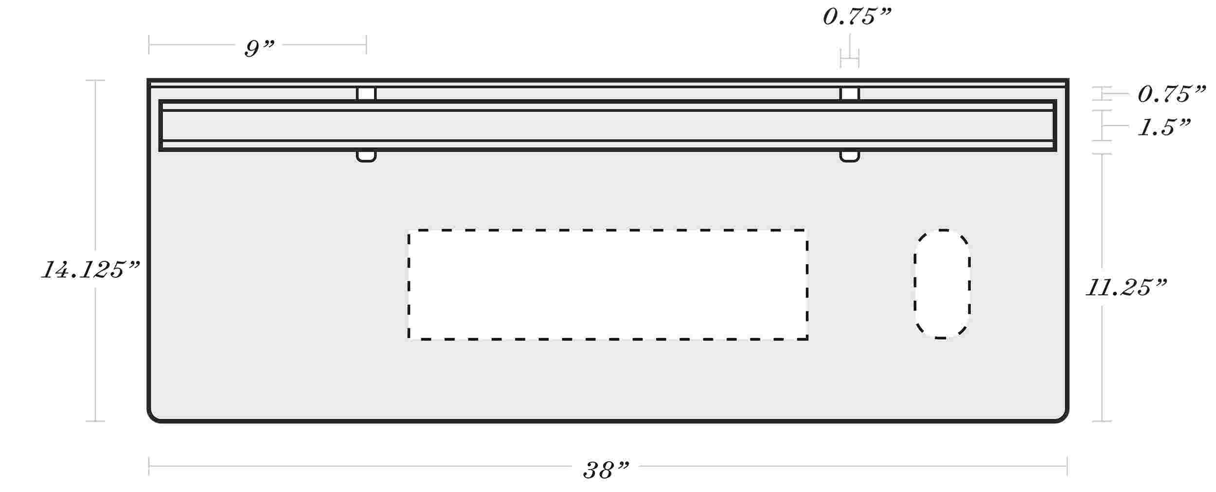 Diagram of the front and profile of the desk. The dimensions listed in the diagram are also available below.