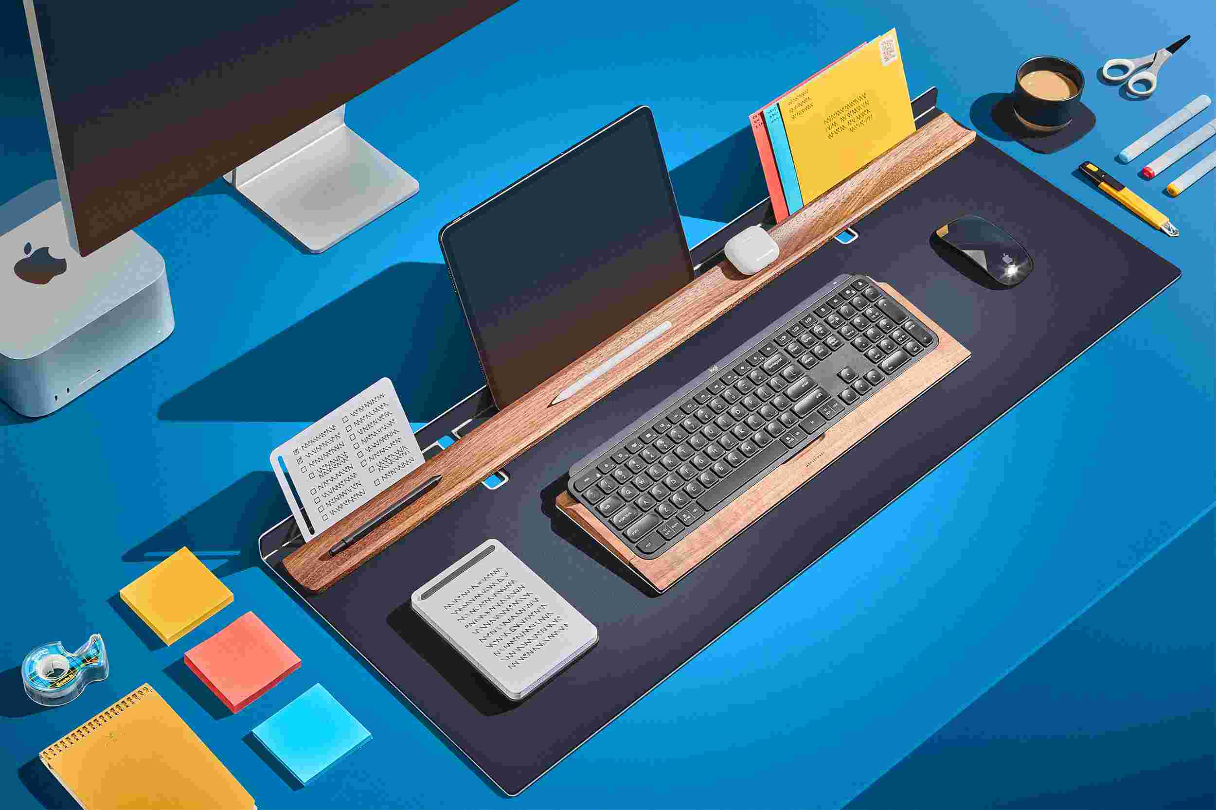 Matte black desk pad with built in walnut tray on blue background with built in stand for iPad.