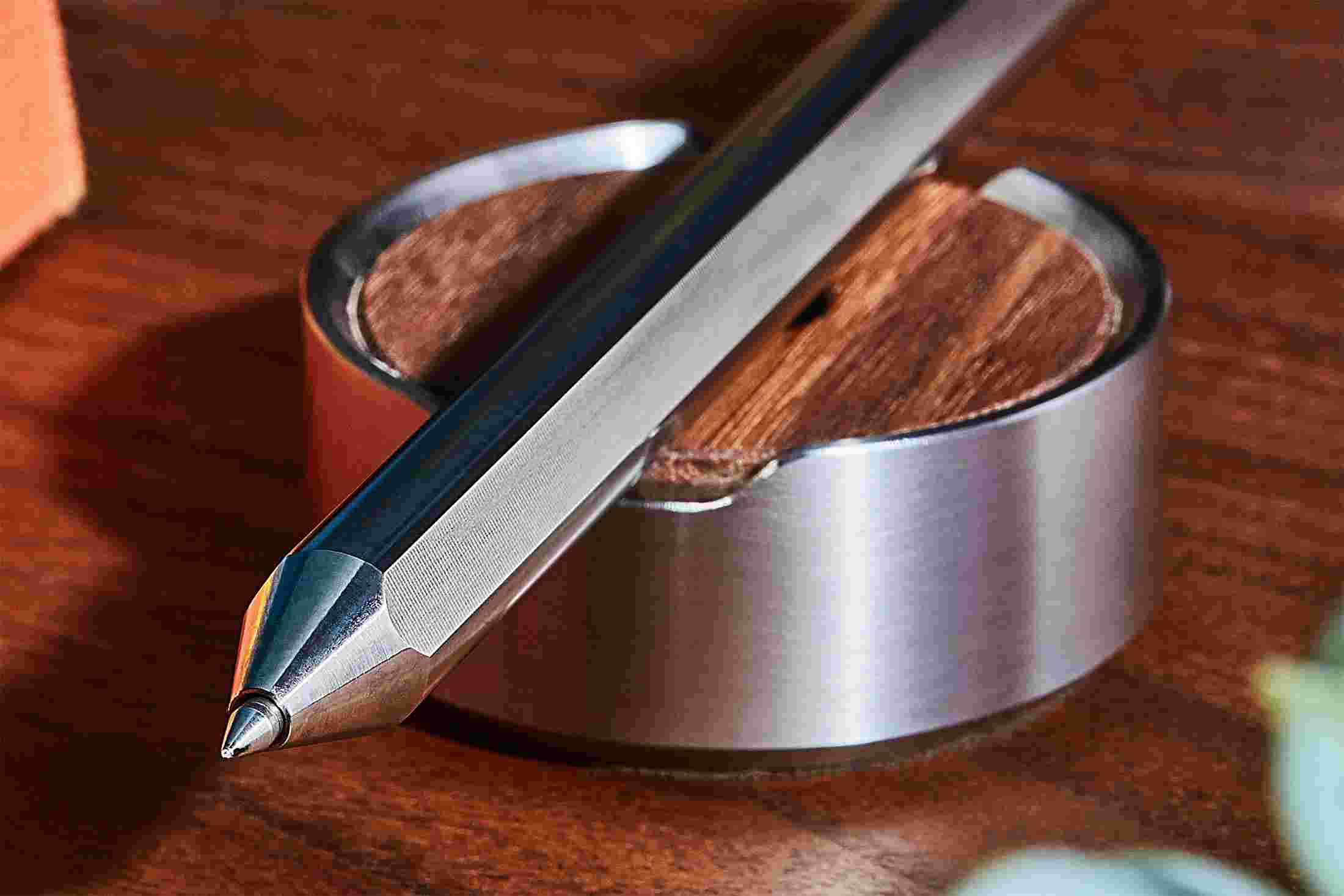 Detail shot of the tip of the Grovemade Titanium Desk Pen.