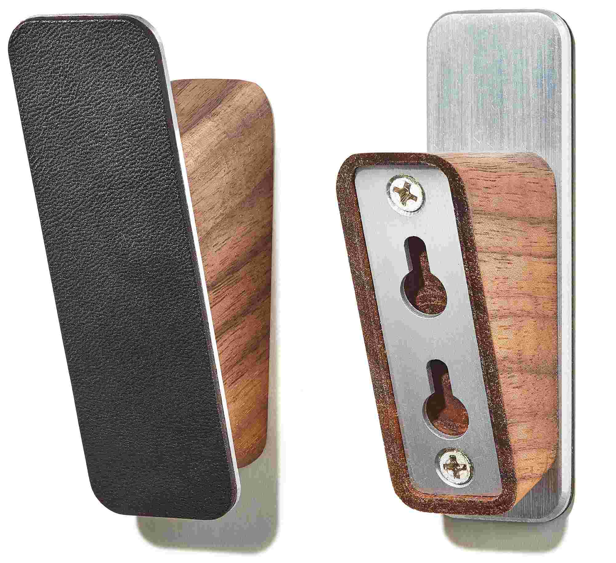 Isolated shots of the front and back of the walnut wall hook.