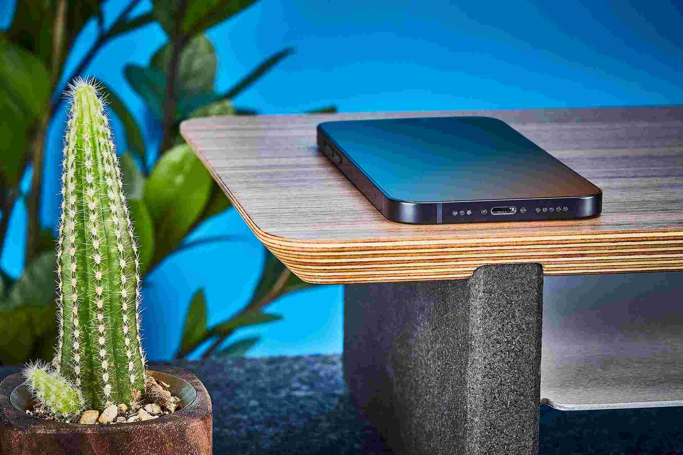 Detail of the beveled corner of the Walnut Desk Shelf, made from premium 15-ply plywood.