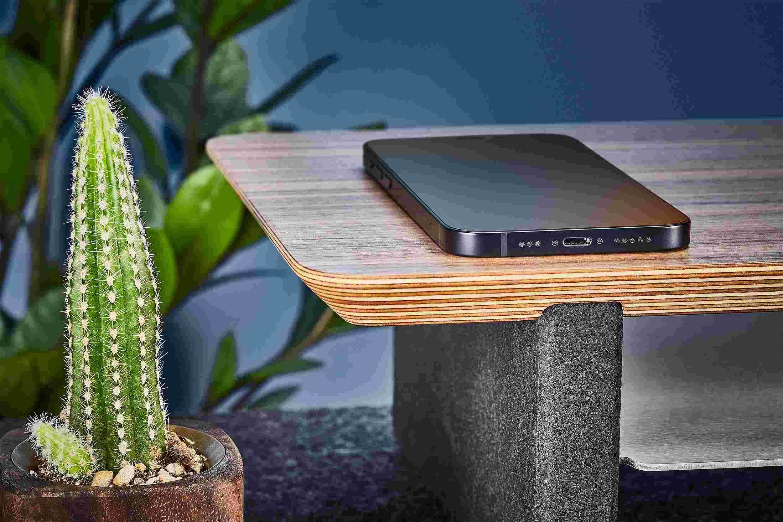 Detail of the beveled corner of the Walnut Desk Shelf, made from premium 15-ply plywood.